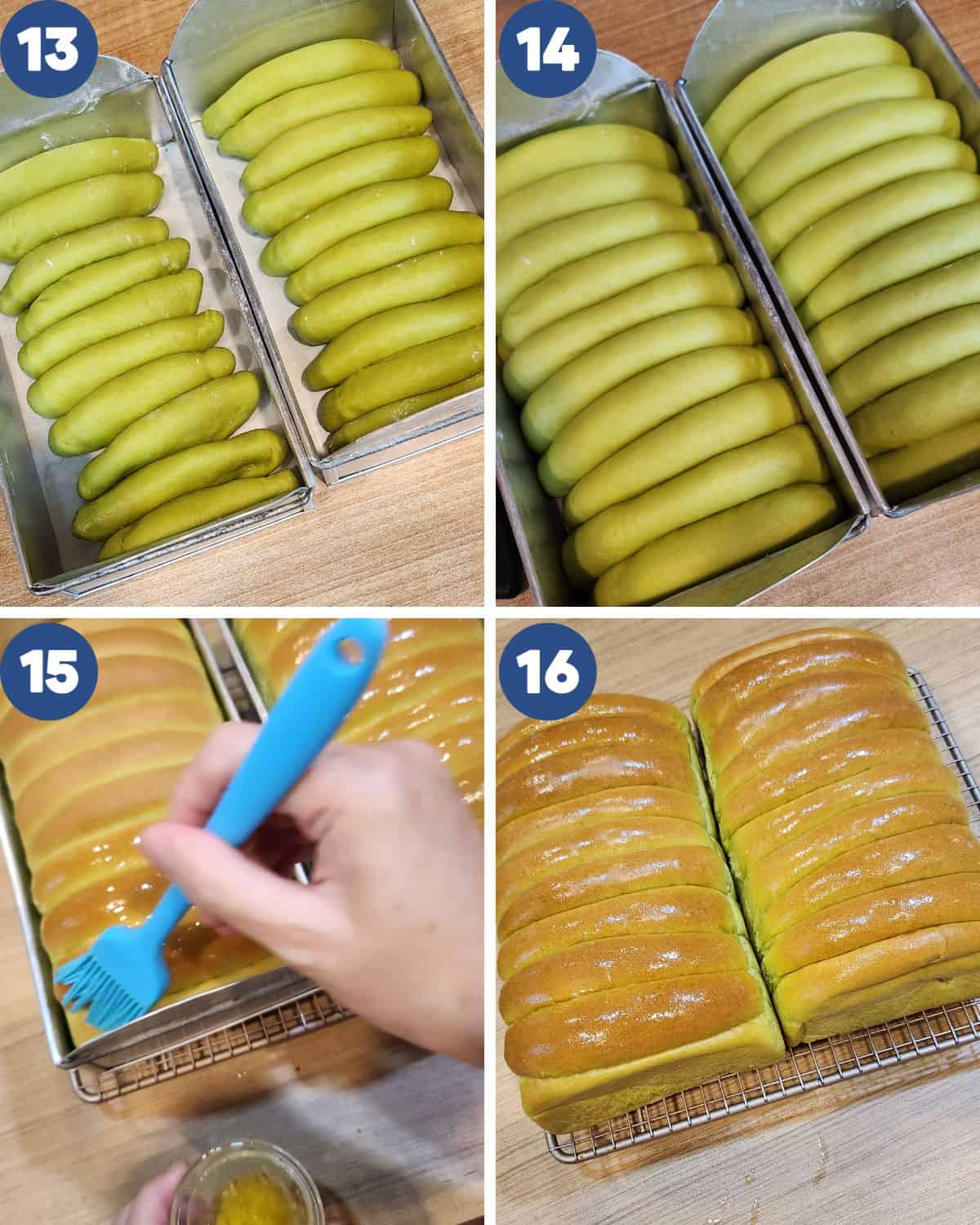 Step by step process photos of fermenting the shaped dough and baking it.