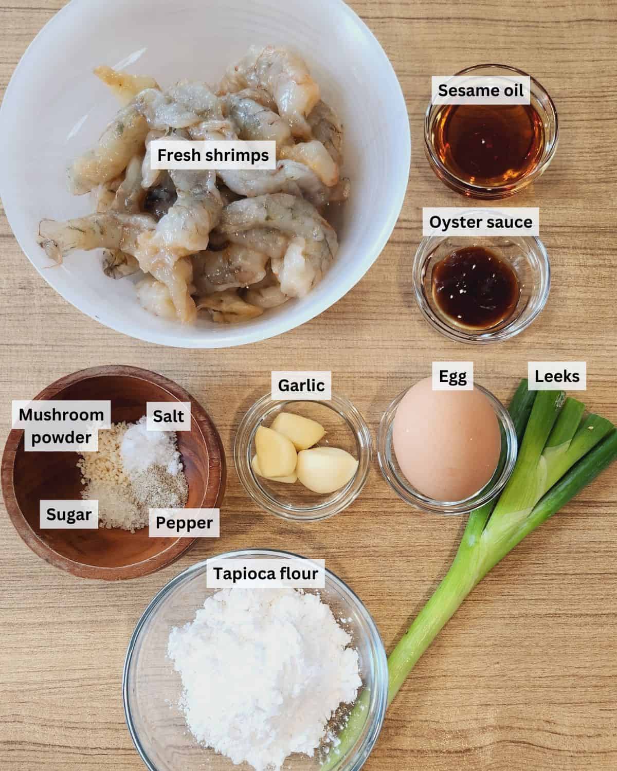 Shrimp balls ingredients with labels.