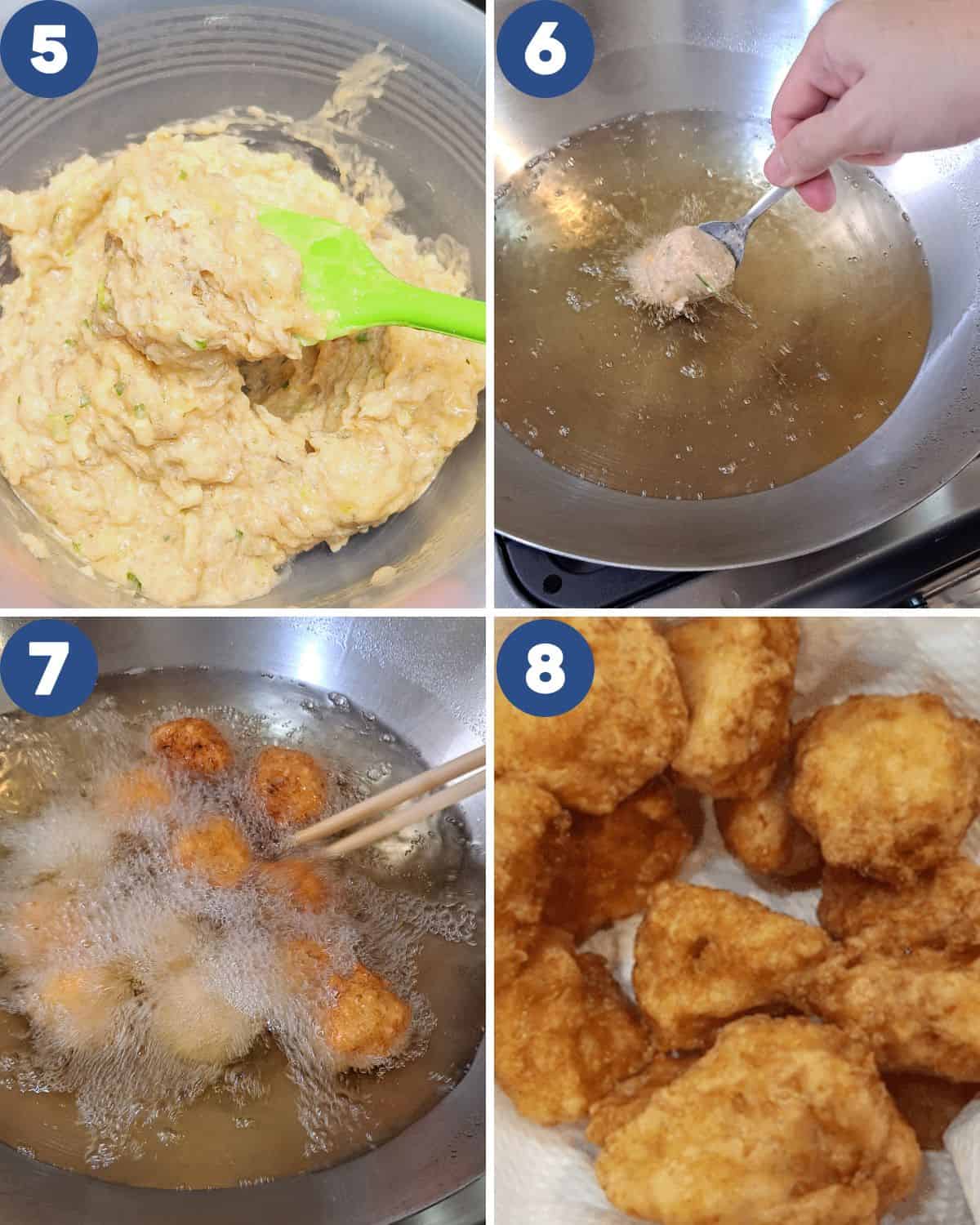 Photo collage of deep-frying the shrimp balls.