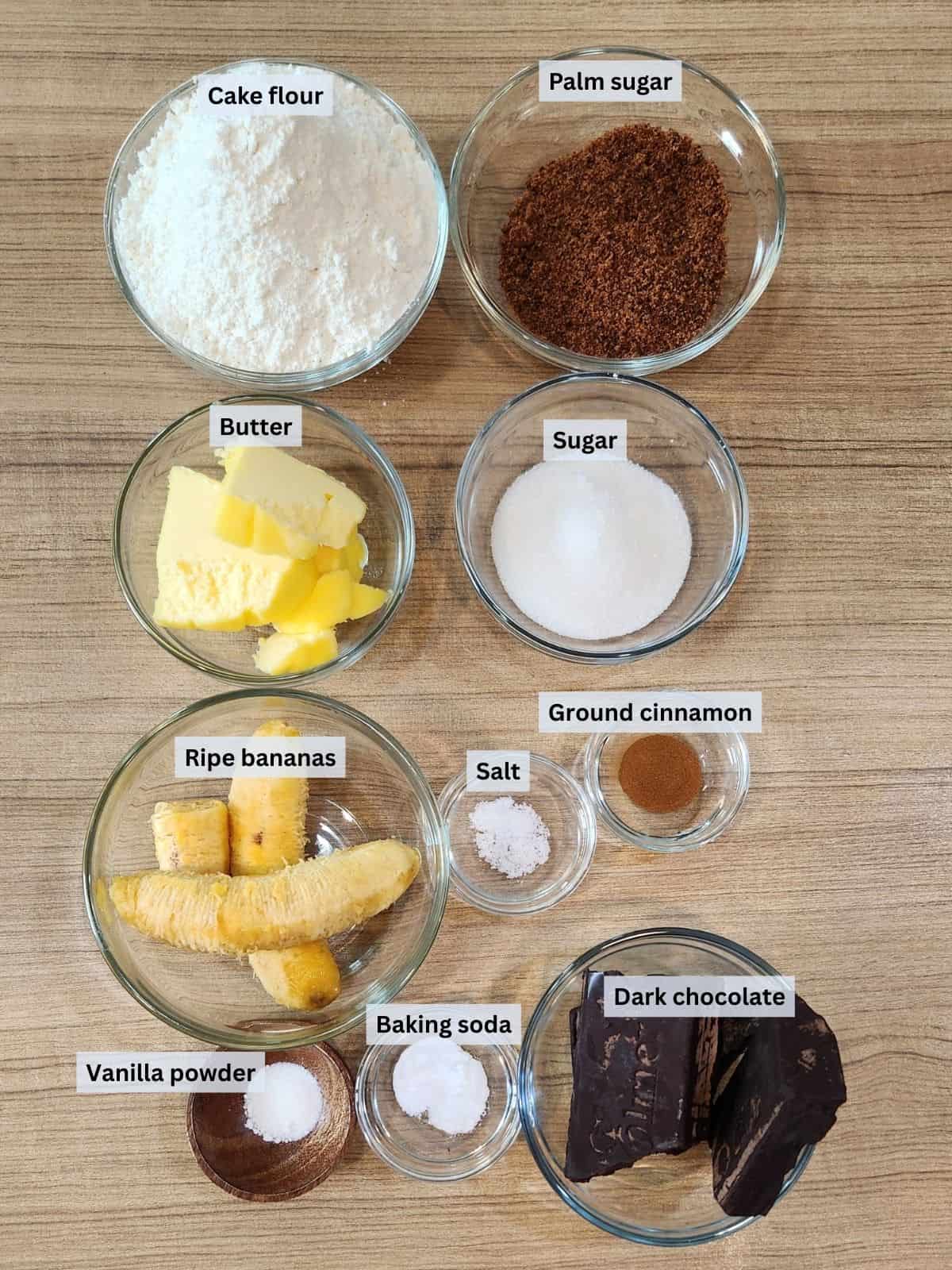 Banana almond soft cookies ingredients with labels.