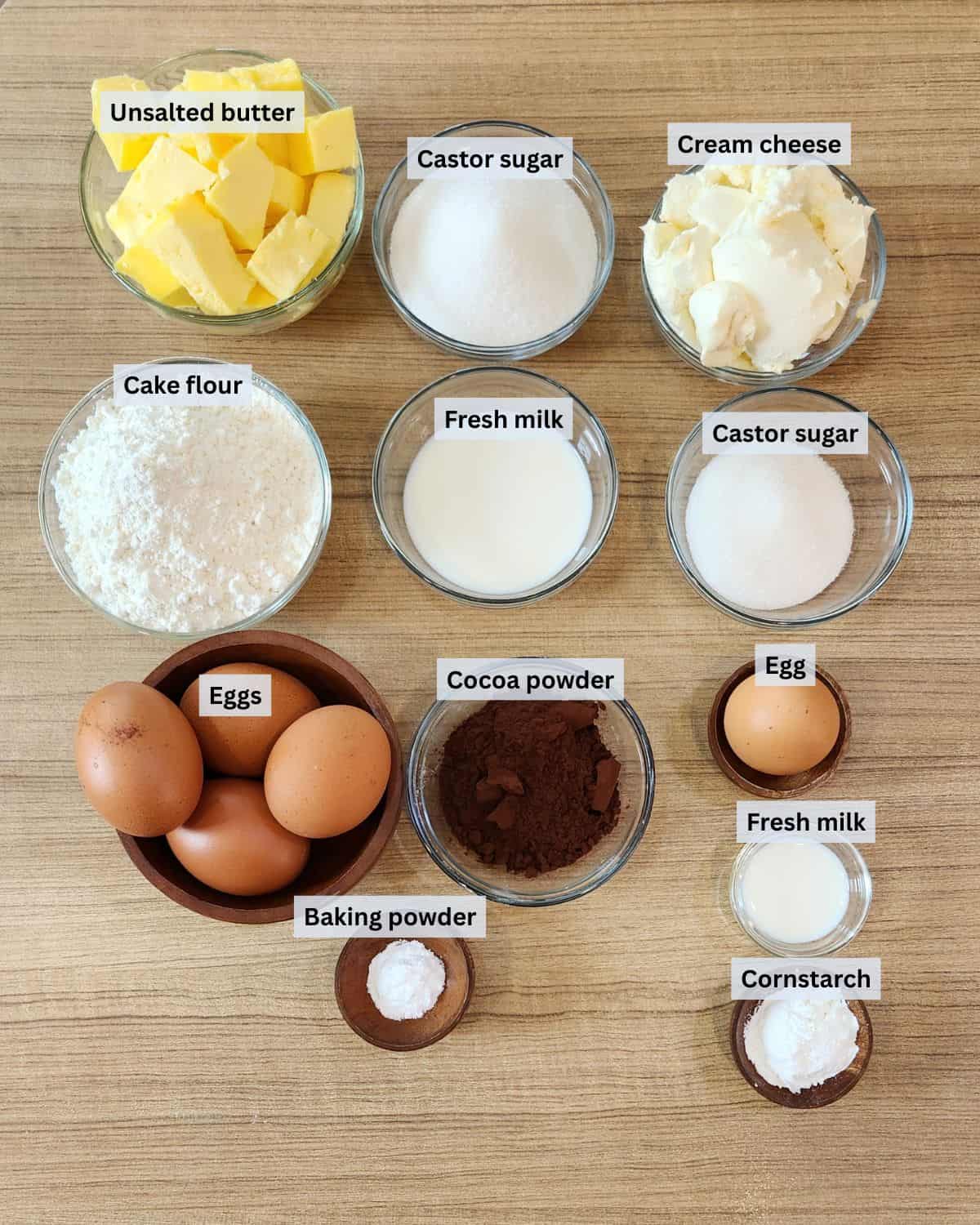 Chocolate cake with cream cheese filling ingredients with labels.