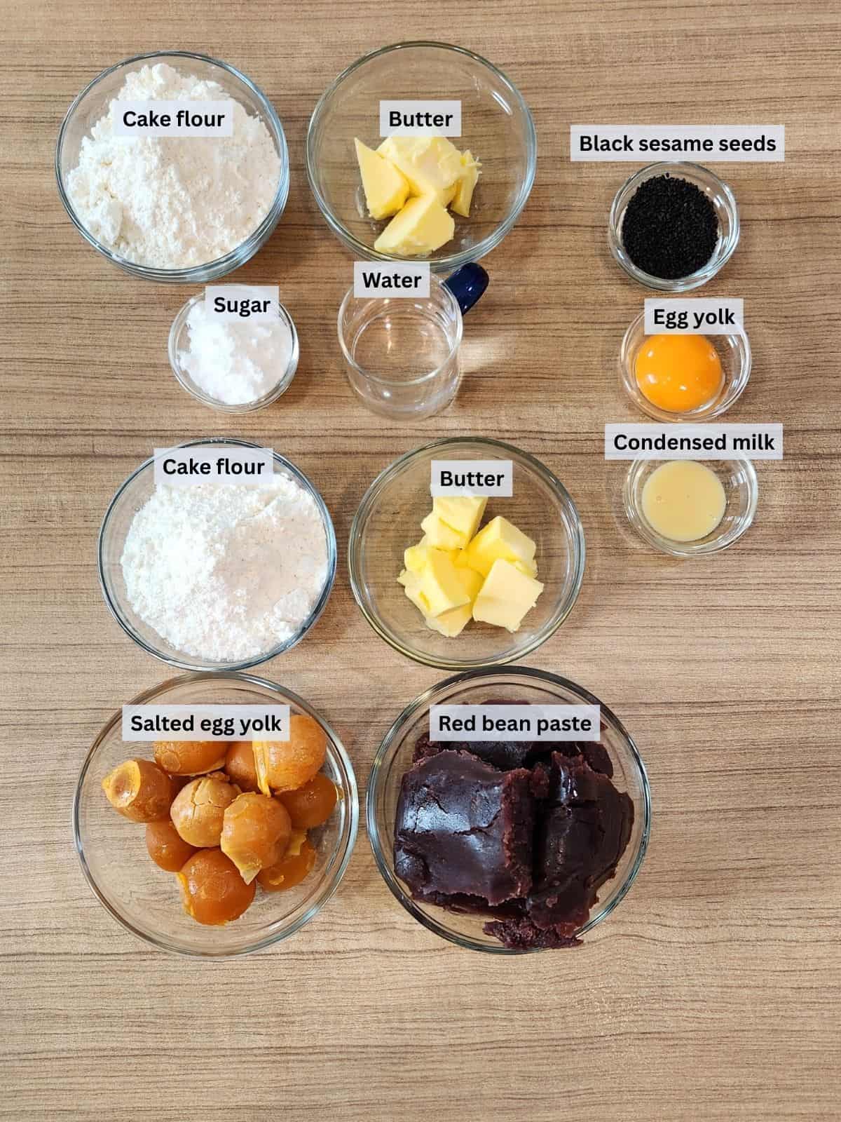 Salted Egg Yolk Pastry with red bean filling ingredients with labels.