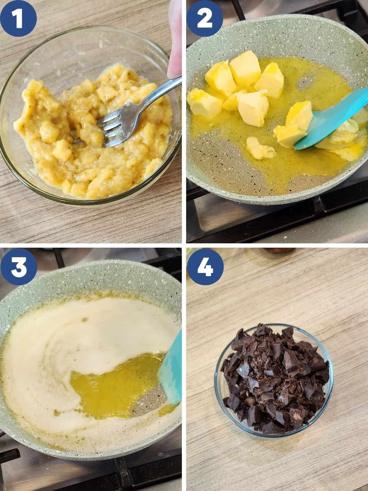 Step by step process photos of melting the butter and chocolate.