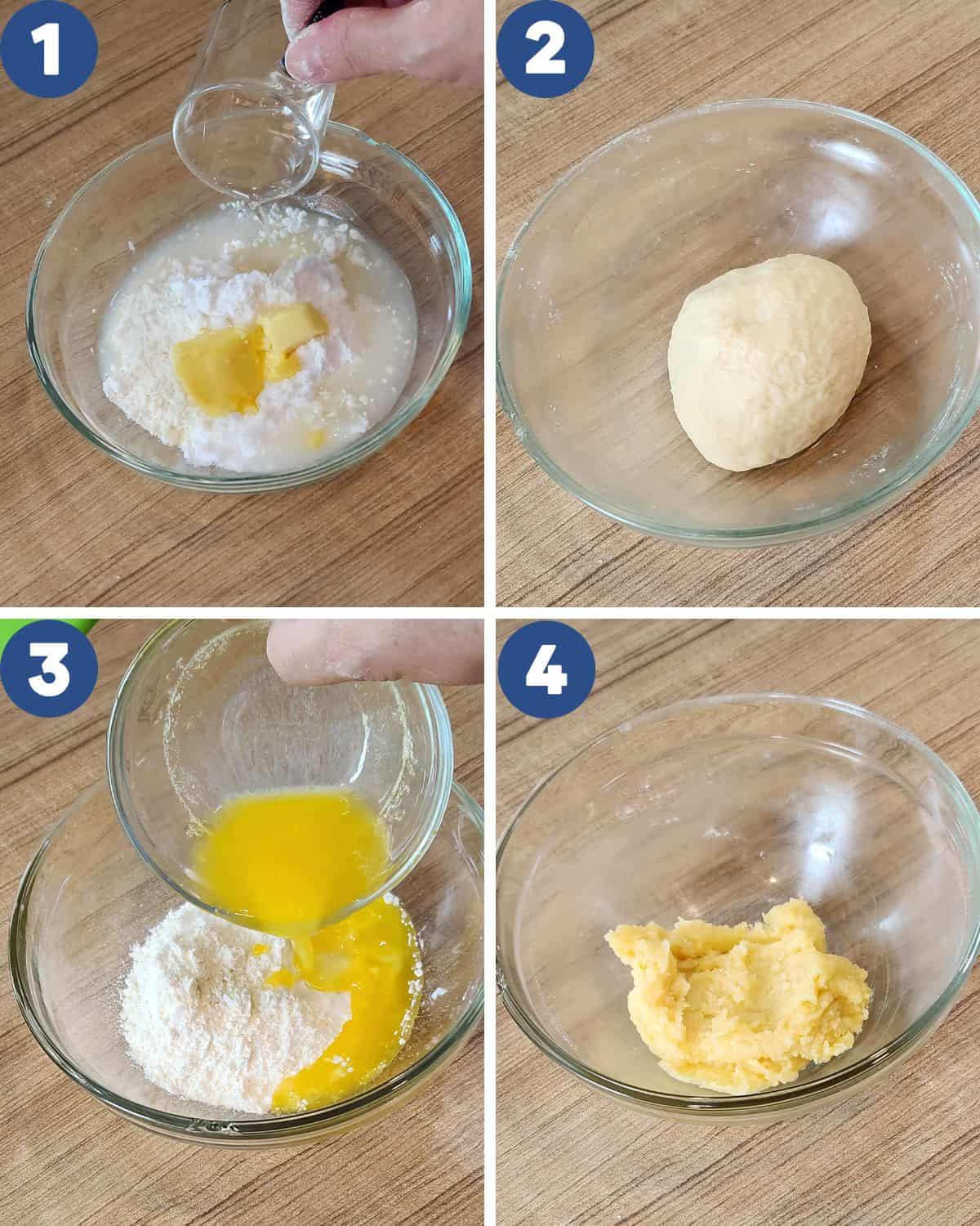 Step by step photos of making the water dough and oil dough.