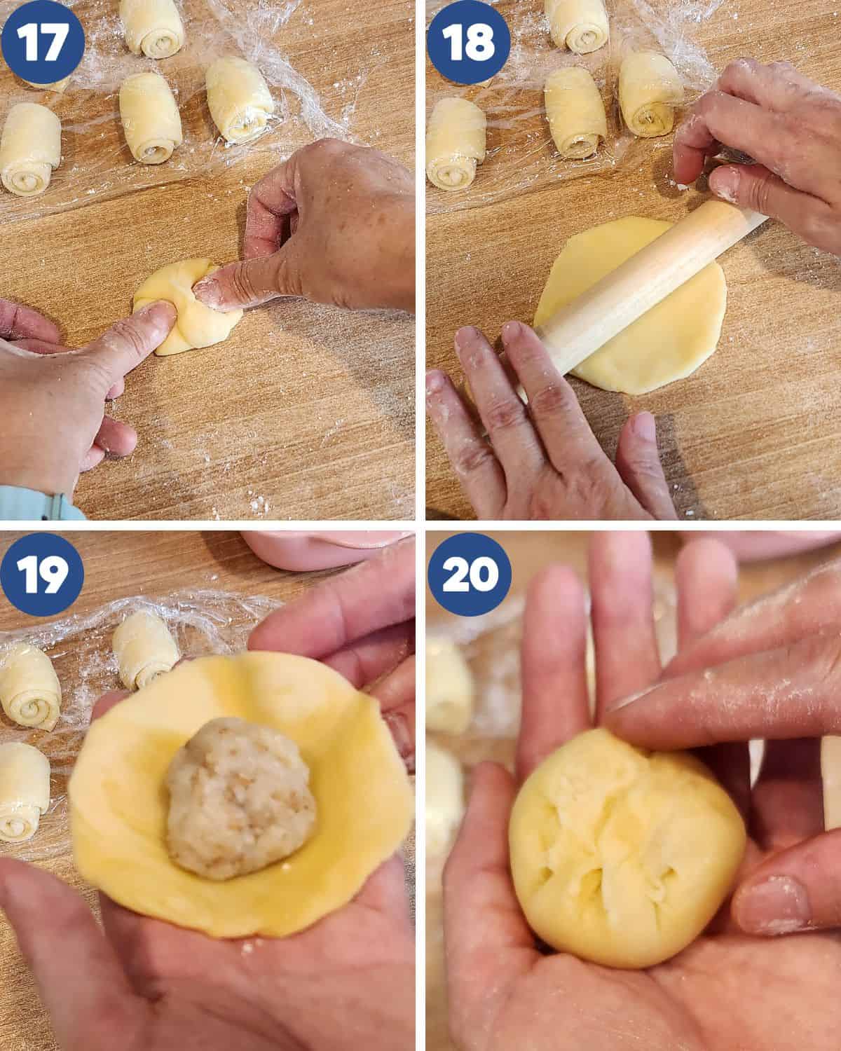Step by step photos of putting the filling and shaping the dough.