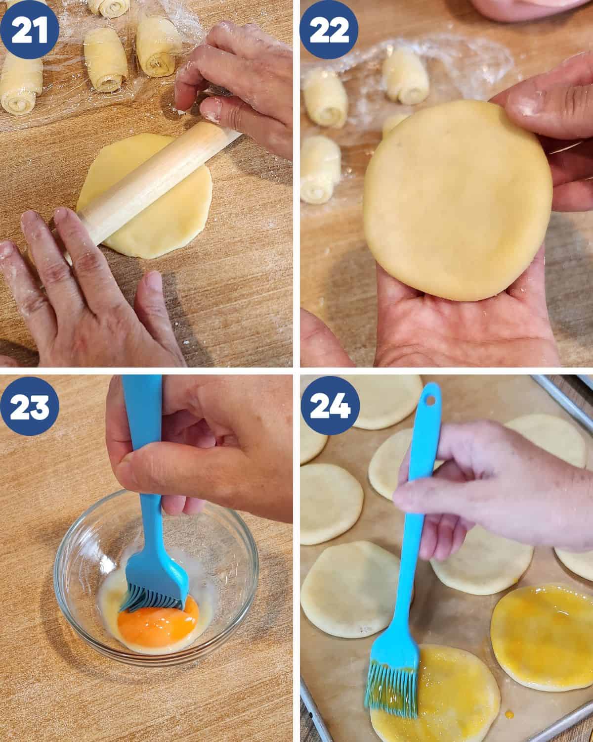 Step by step photos of shaping and brushing with egg wash.