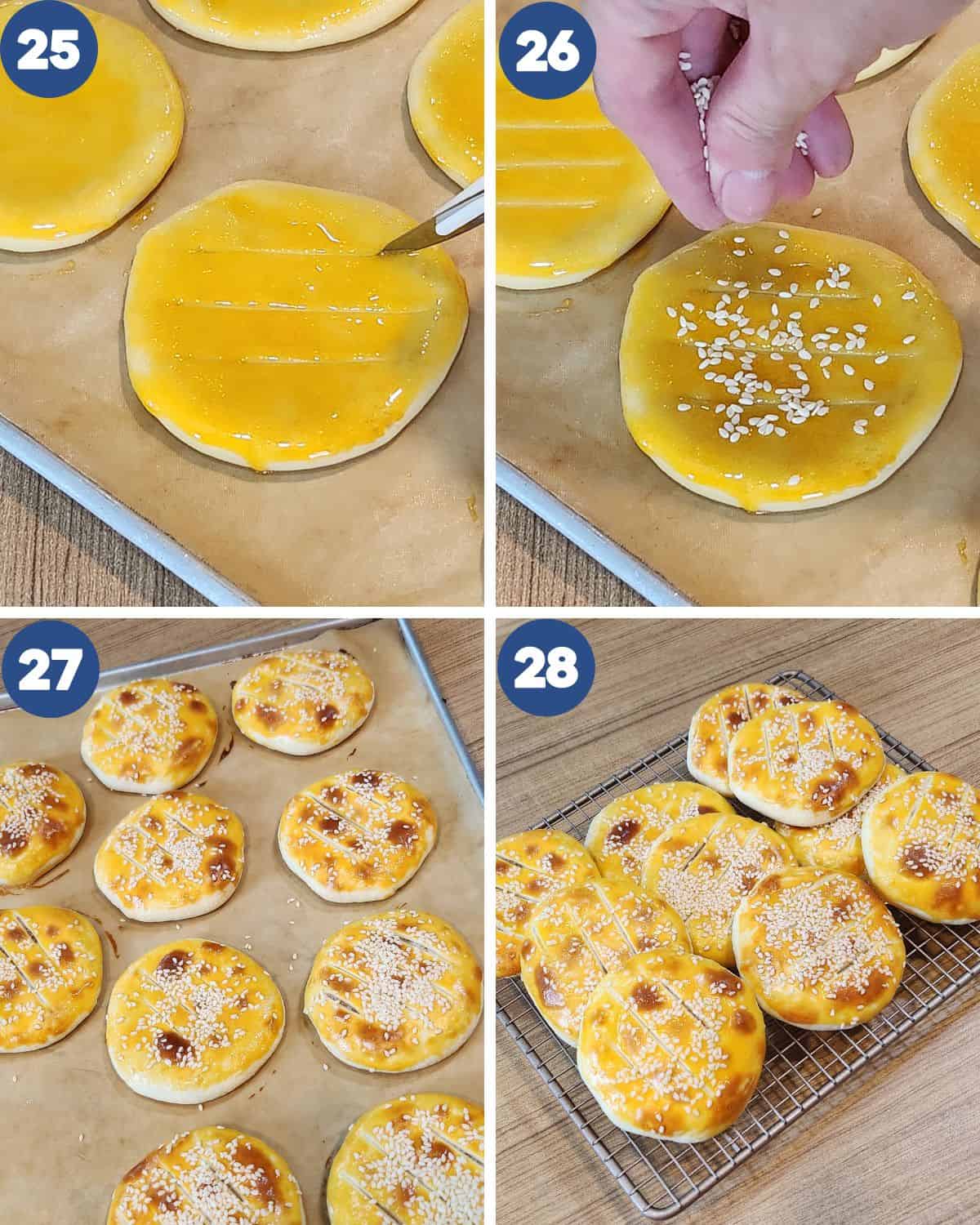 Step by step photos of decorating the wife cake and baking them.