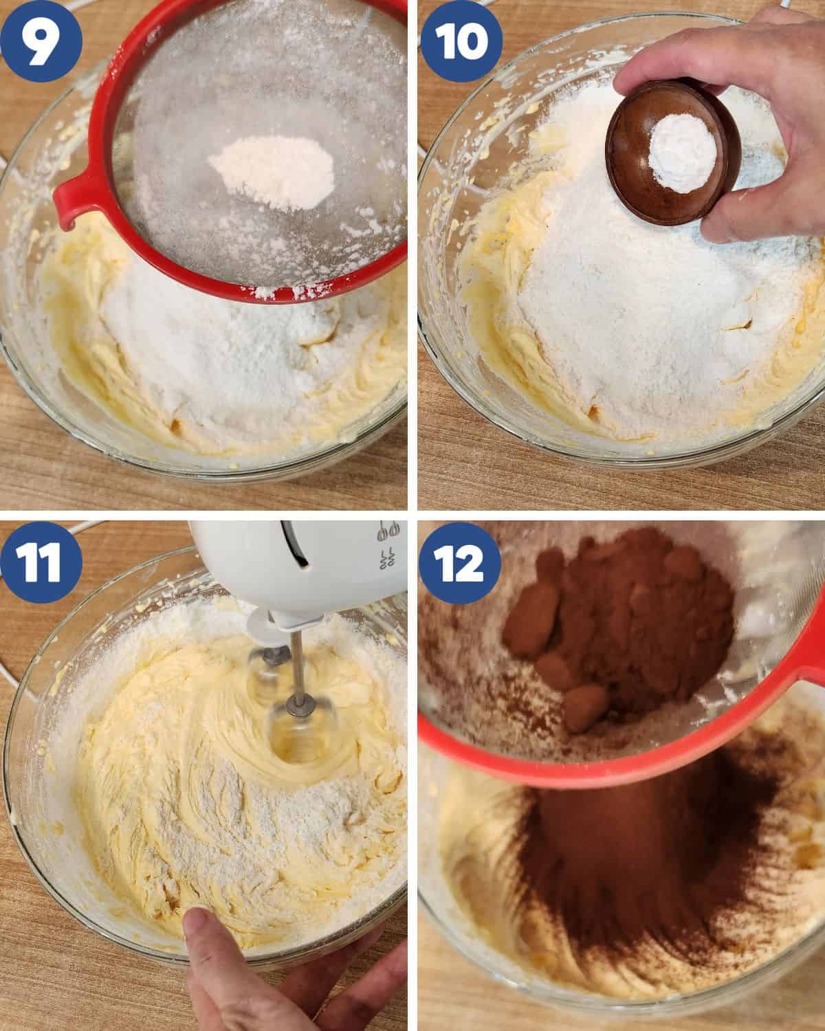 Step by step process photos of mixing the dry ingredients into the batter.