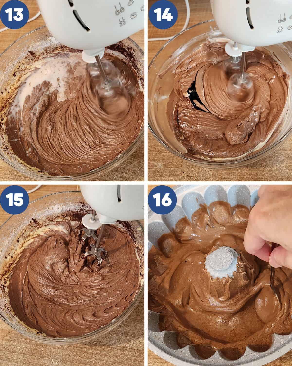 Step by step process photos of mixing the chocolate batter for chocolate cake.