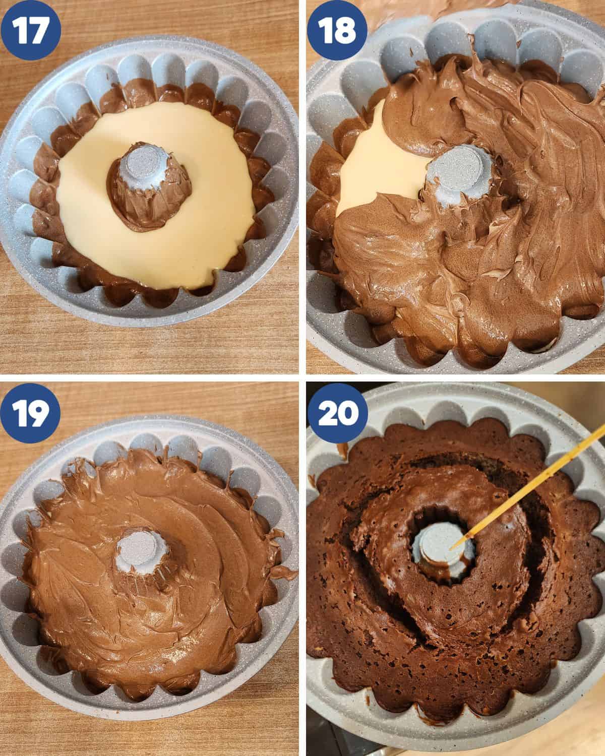 Step by step process photos of pouring the batter into the pan and baking it.