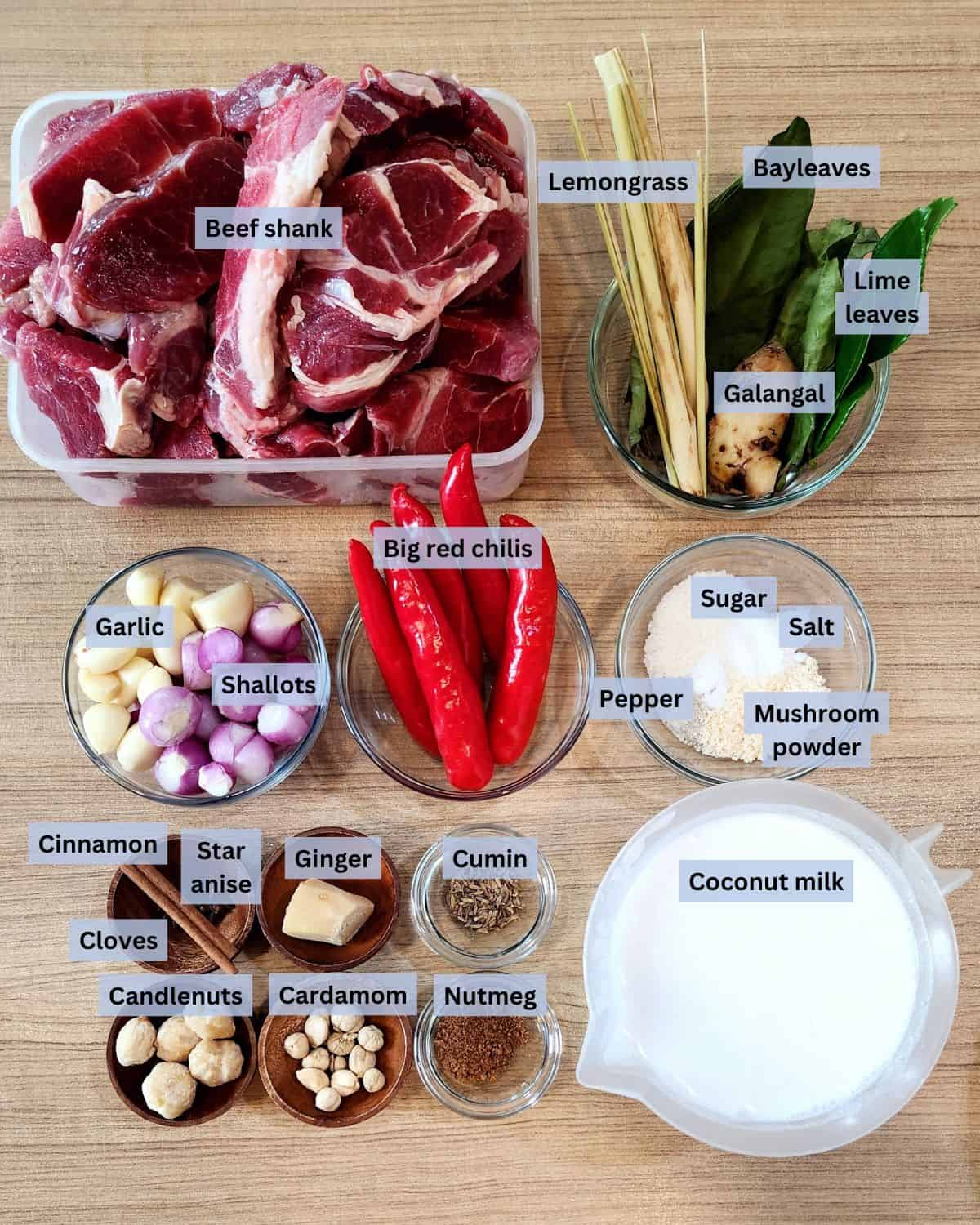 Indonesian Beef Rendang ingredients with labels.