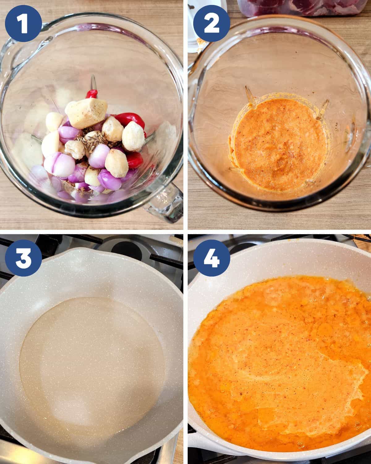 Step by step process photos of preparing the spices for beef rendang.