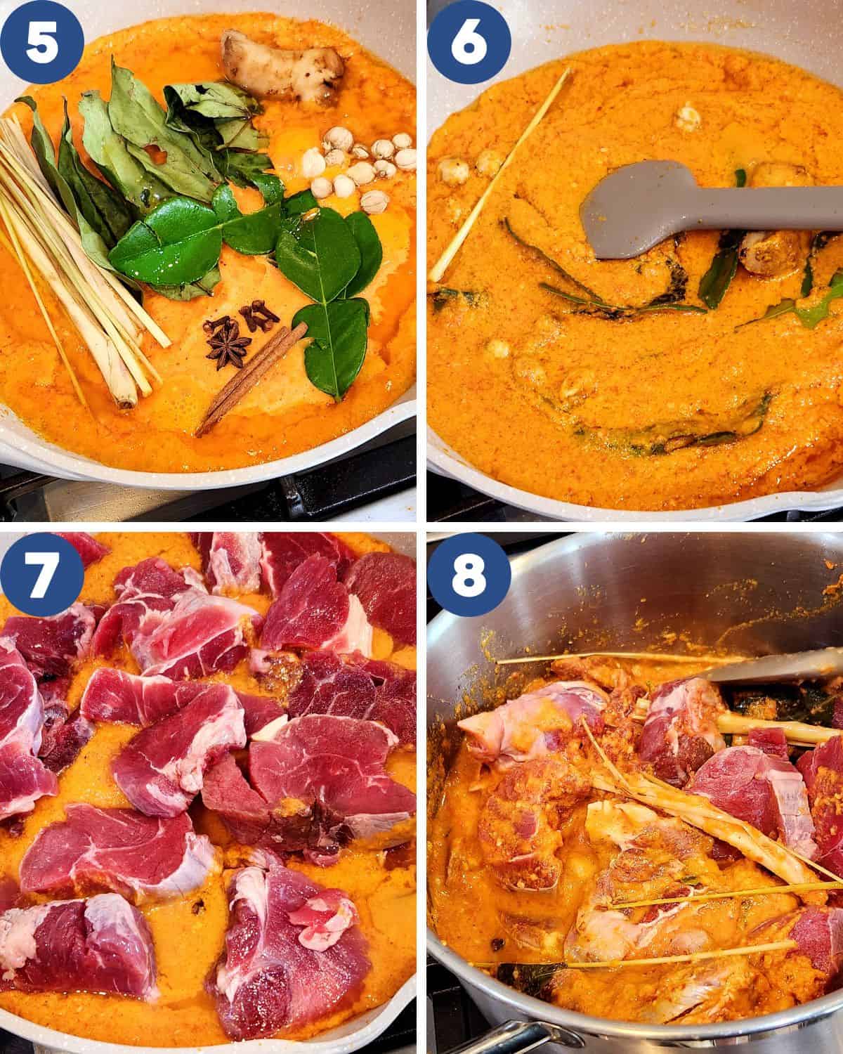 Step by step process photos of cooking the spices and beef in a pot.