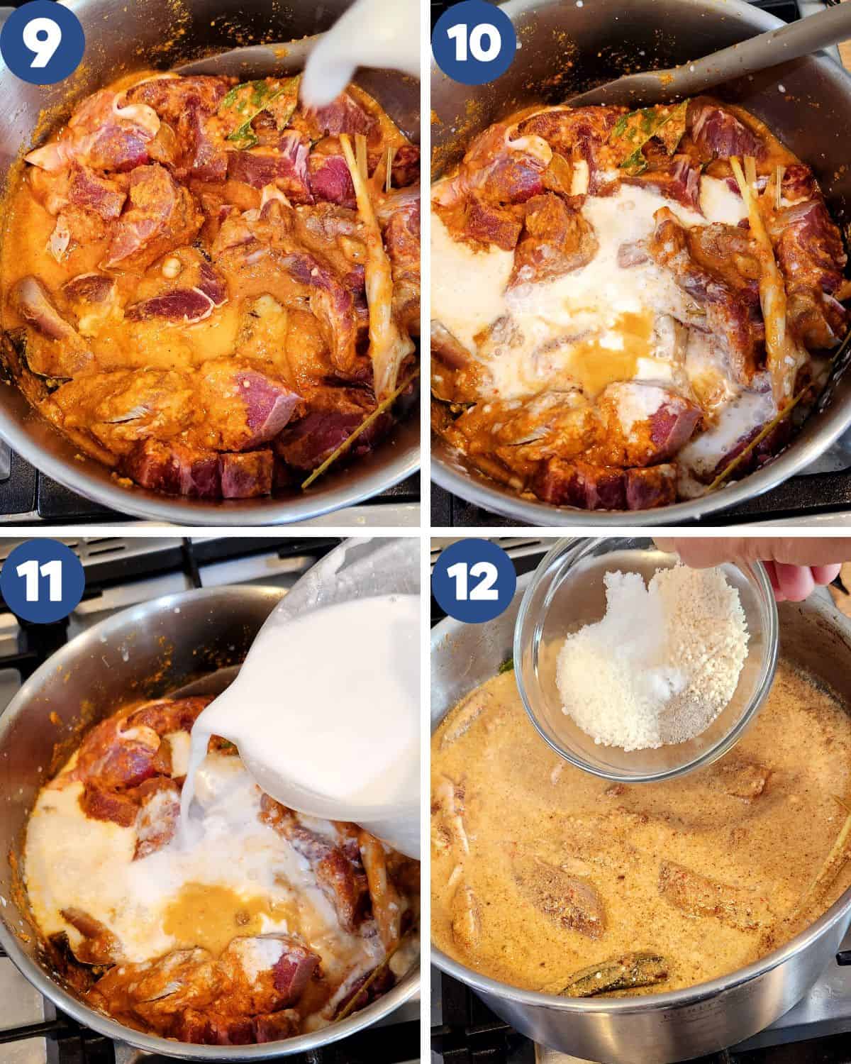 Step by step process photos of cooking the beef rendang with coconut milk.
