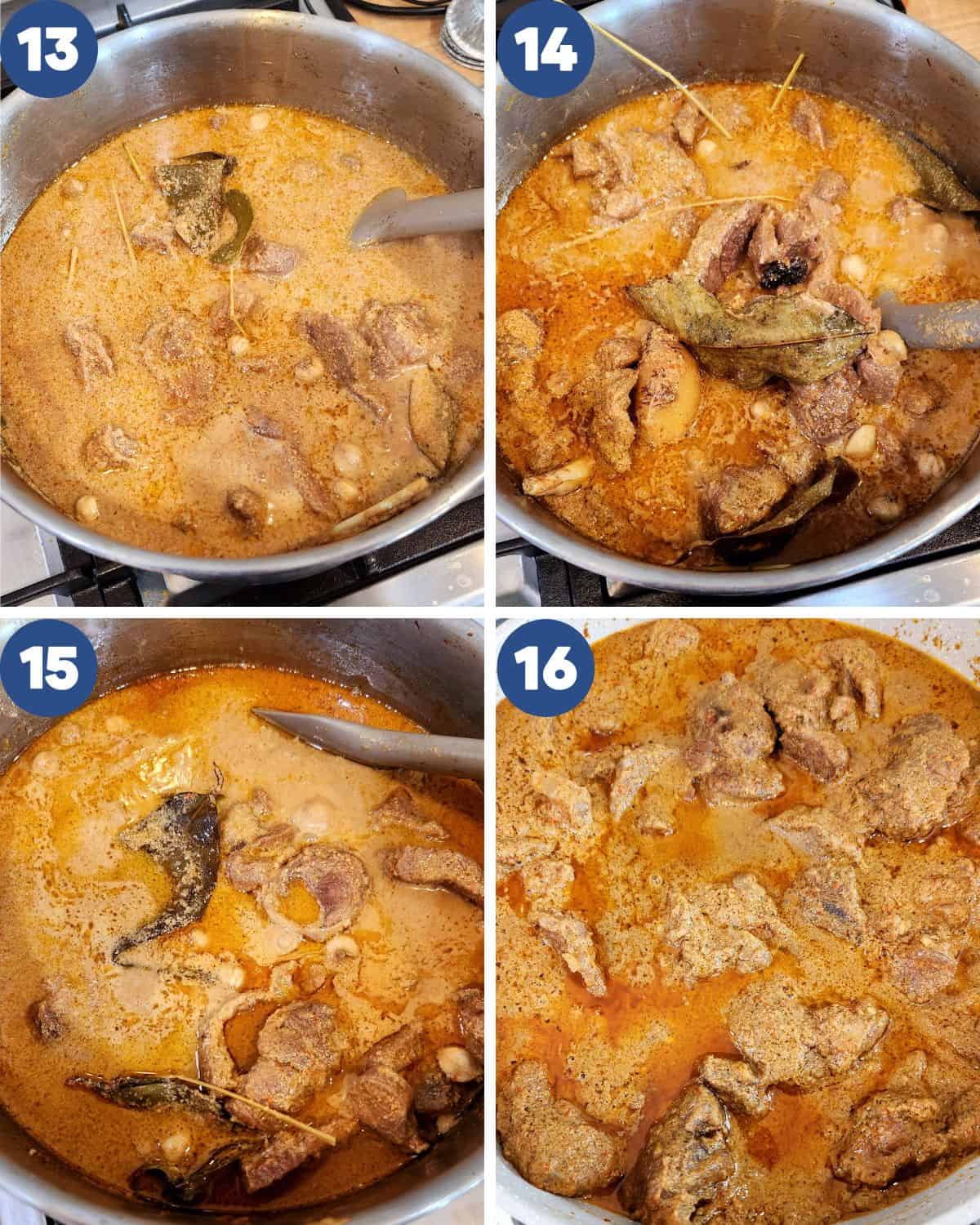 Step by step process photos of cooking the beef rendang until the oil comes out.