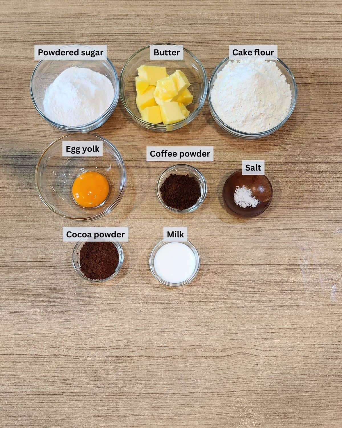 Coffee Bean Cookies ingredients with labels.