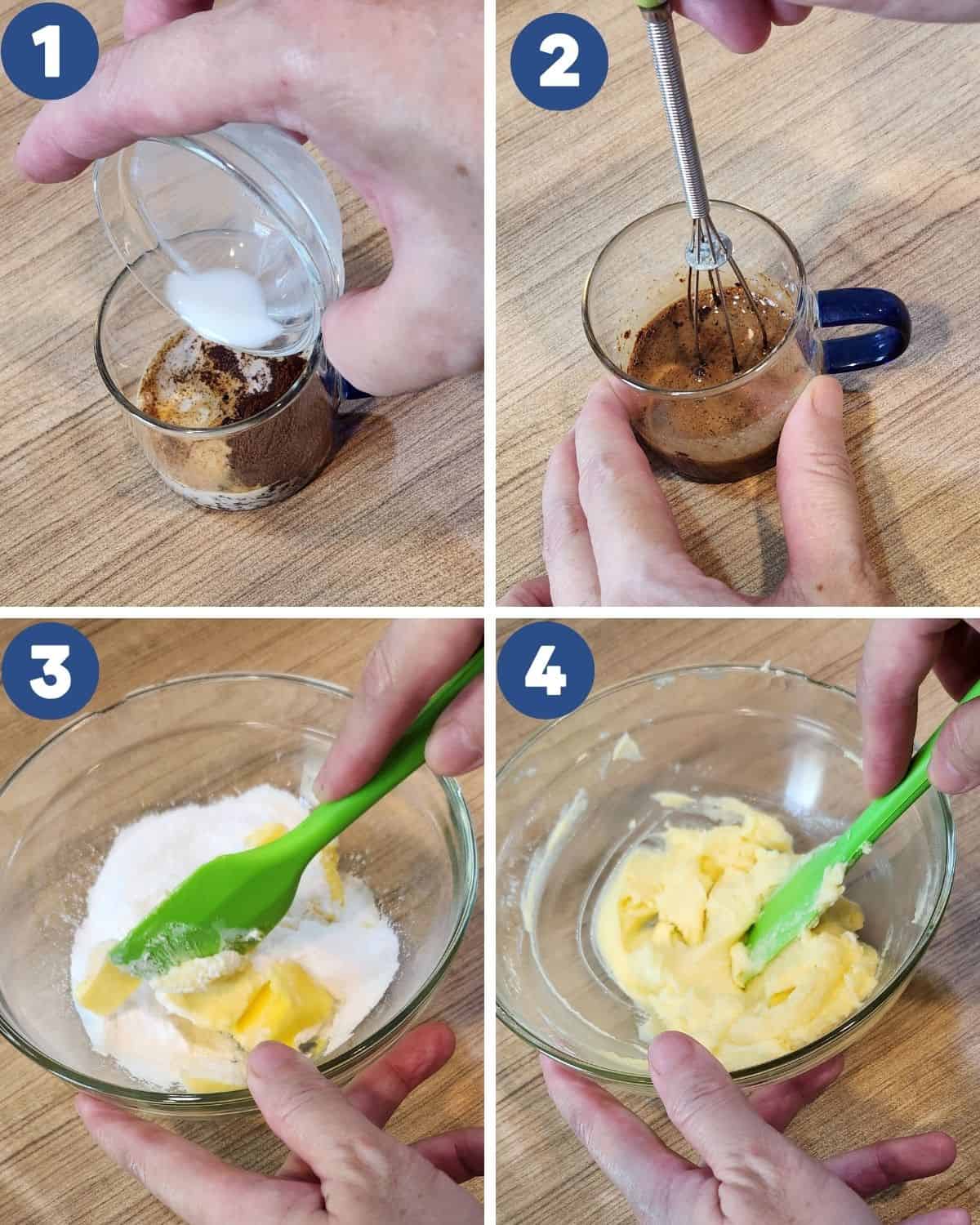 Step by step process photos of preparing the coffee and softening the butter.