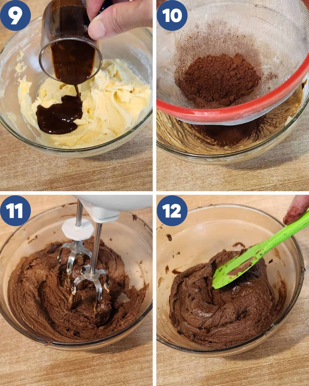 Step by step process photos of mixing the coffee and cocoa powder into the dough.