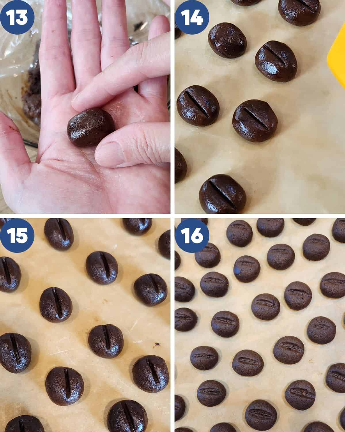 Step by step process photos of shaping the coffee bean cookies.