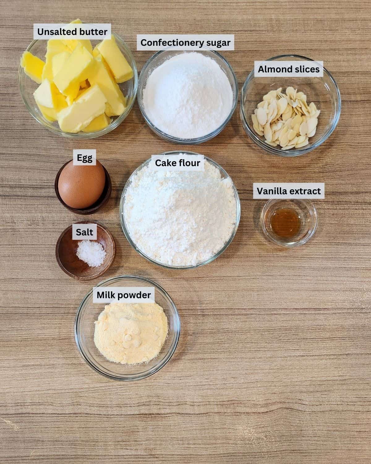 Dutch butter cake ingredients with labels.