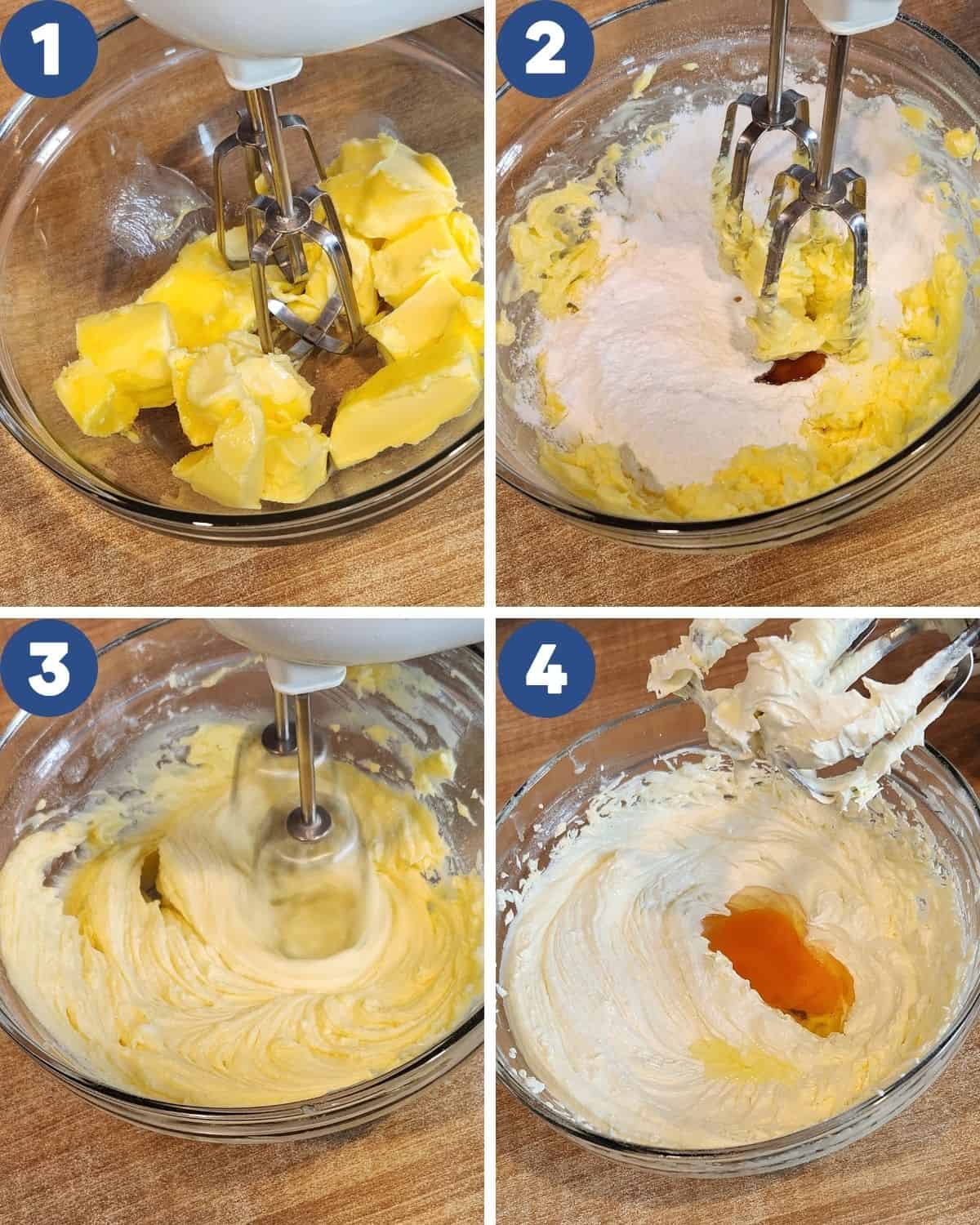 Step by step process photos of mixing butter, sugar, and egg for boterkoek.