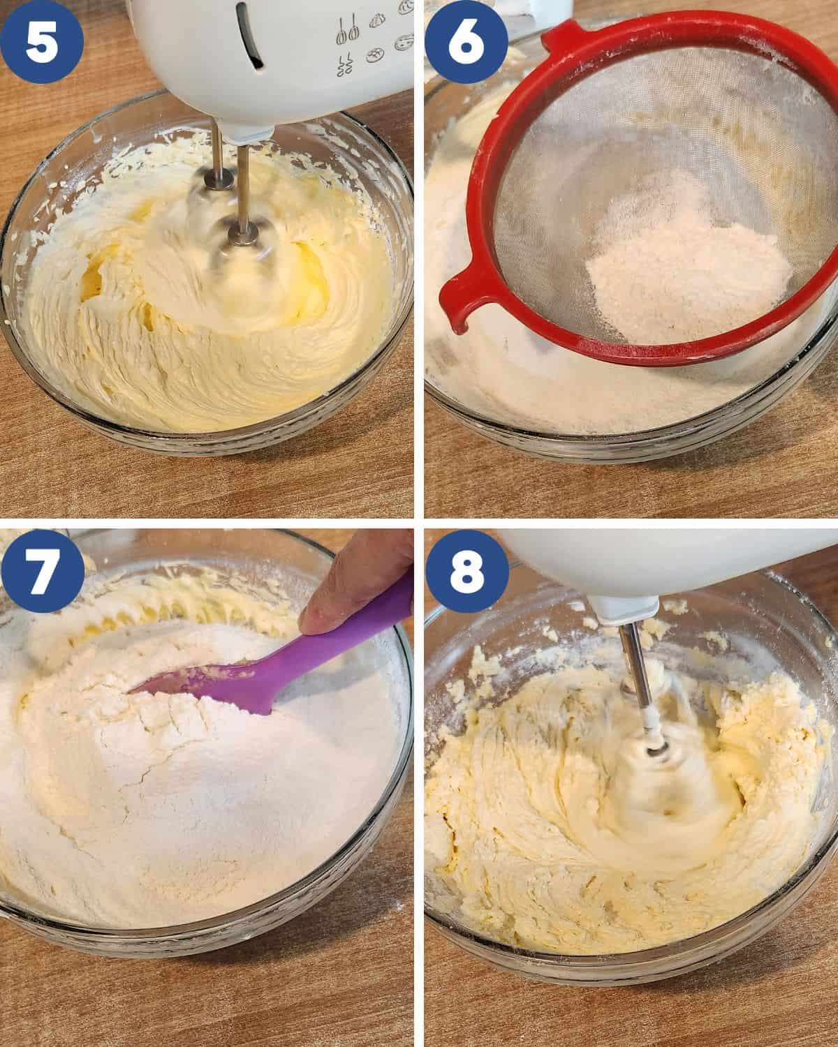 Step by step process photos of mixing the butter with dry ingredients.