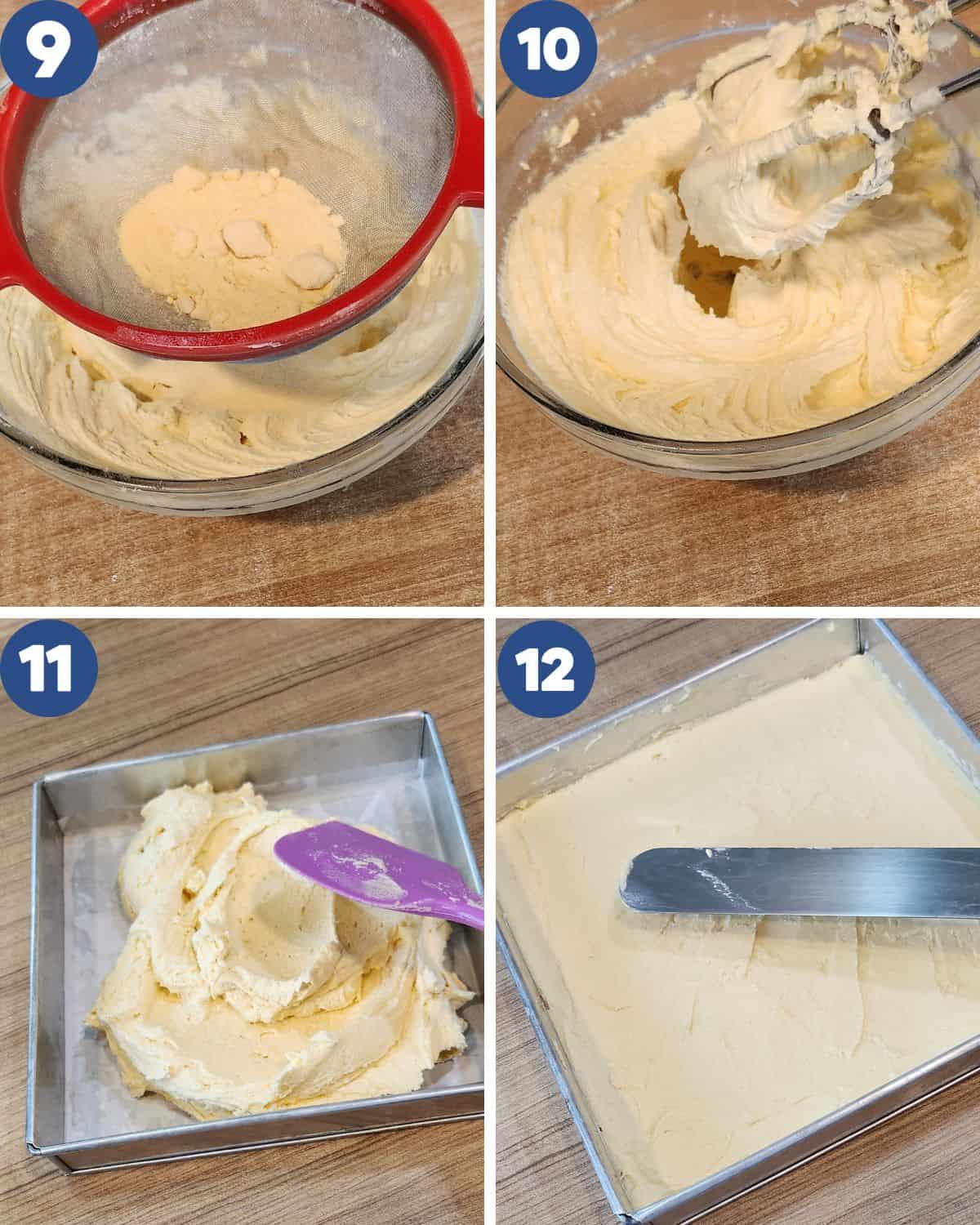 Step by step process photos of mixing milk powder and pouring the batter into a pan.