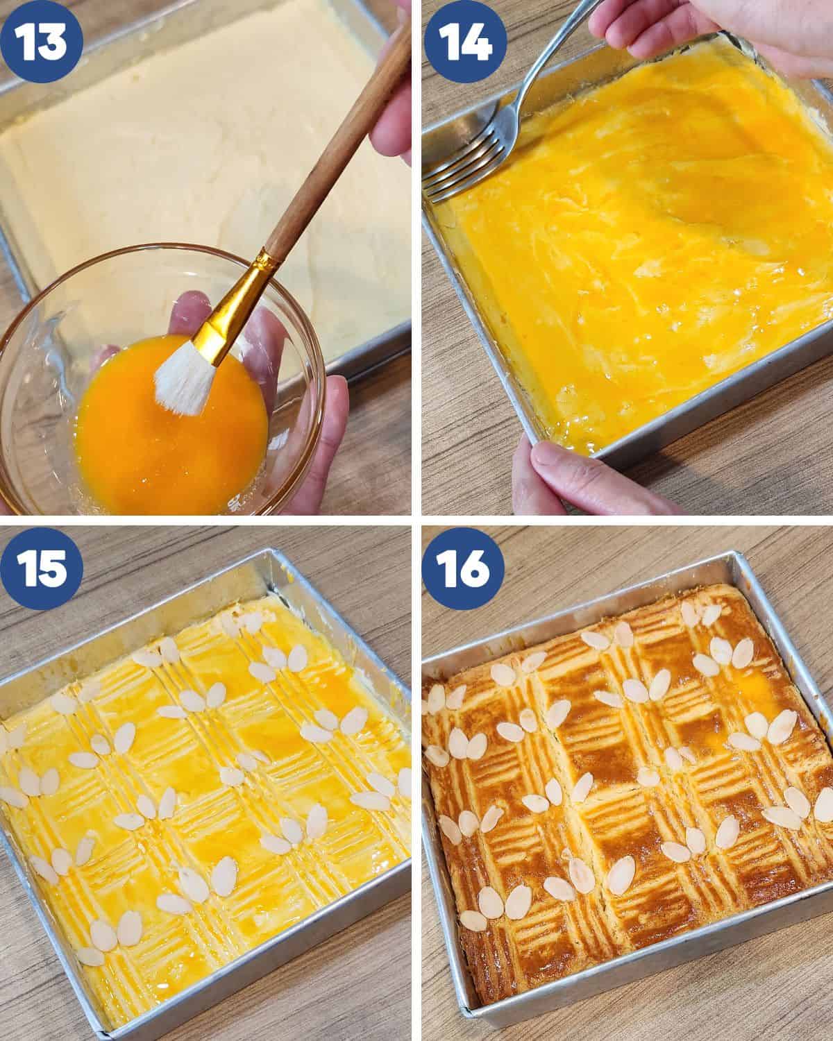 Step by step process photos of decorating the cake before baking.