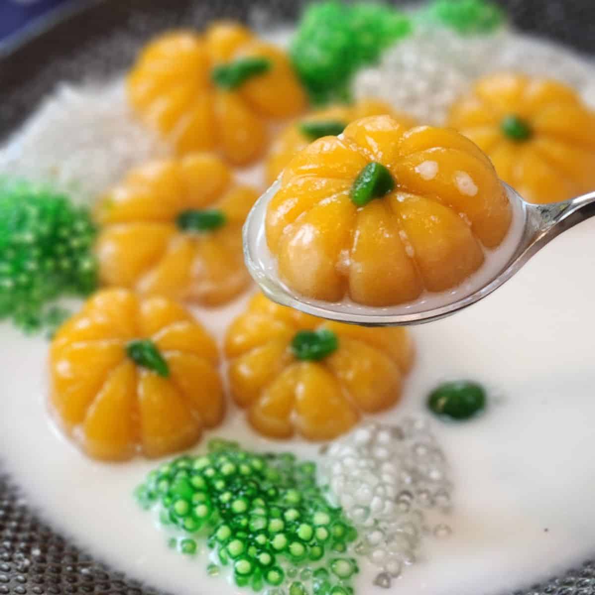 A close up look of bua loy on a spoon.