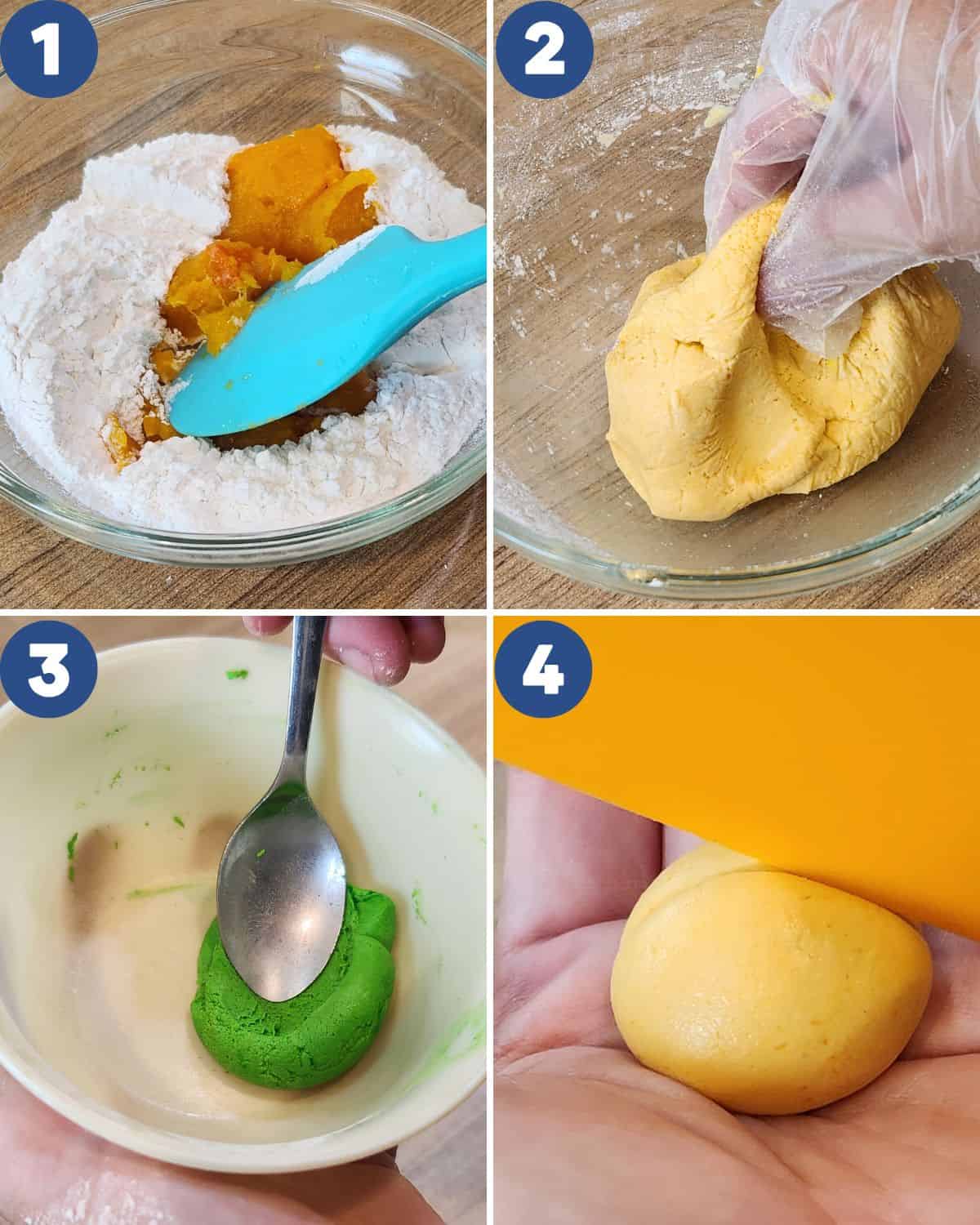 Step by step process photos of making the bua loy dough.