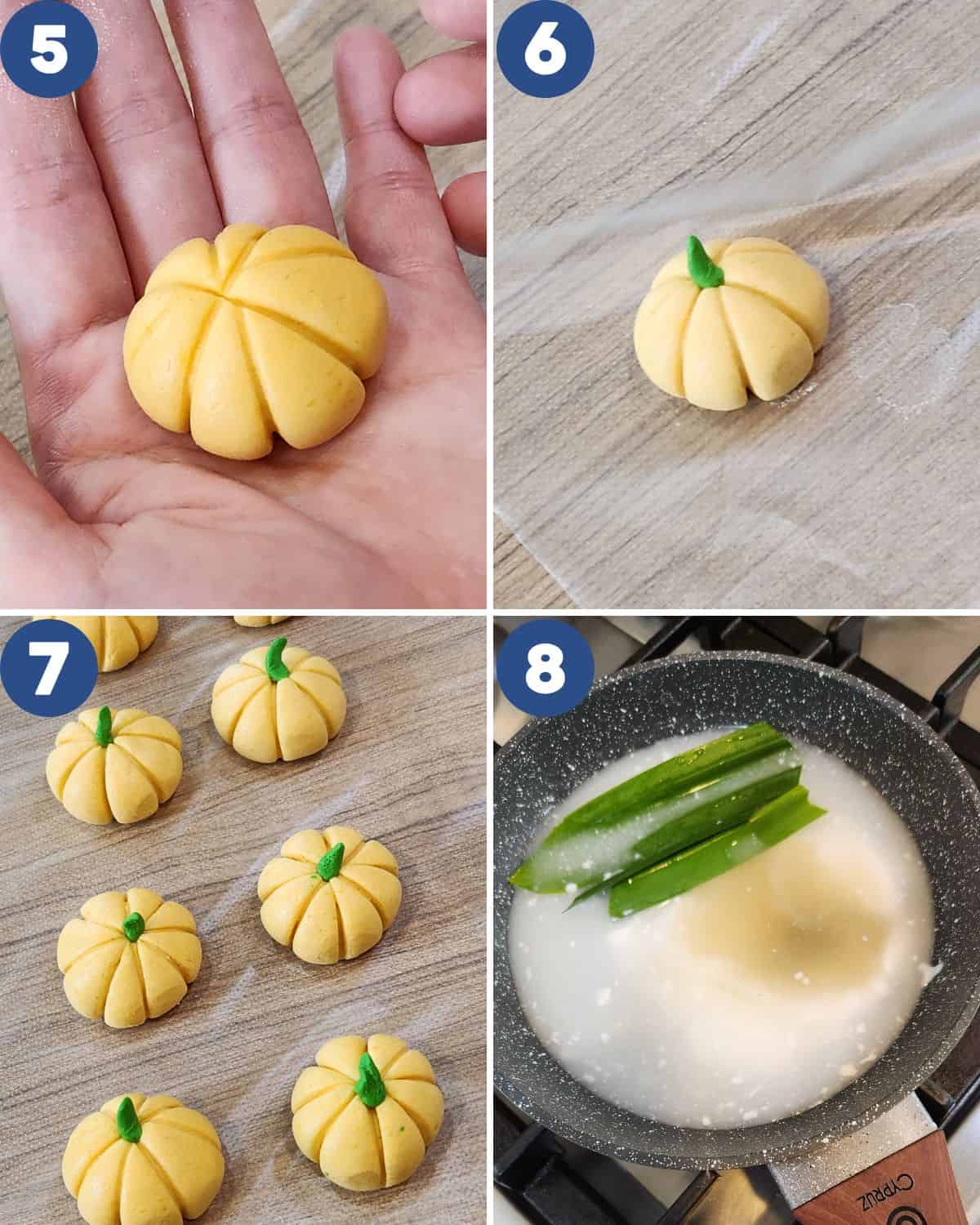 Step by step process photos of shaping the bua loy dough.