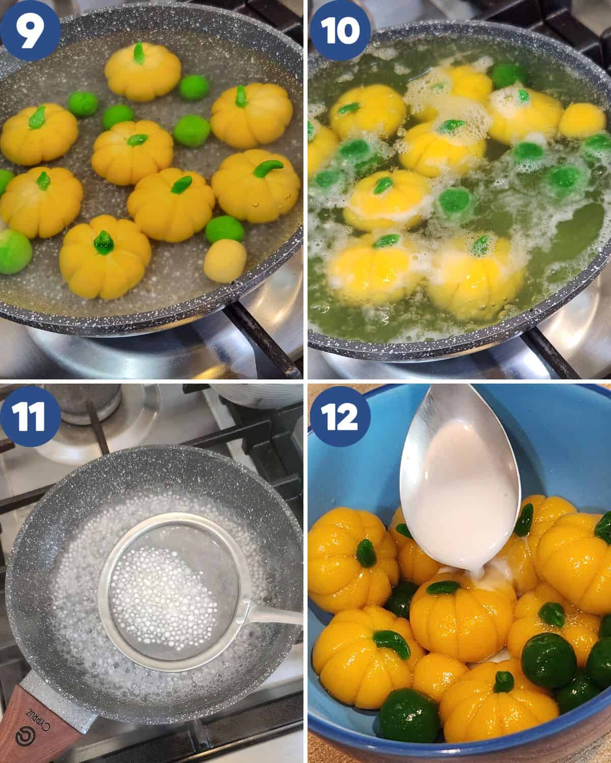 Step by step process photos of cooking the shaped dough.