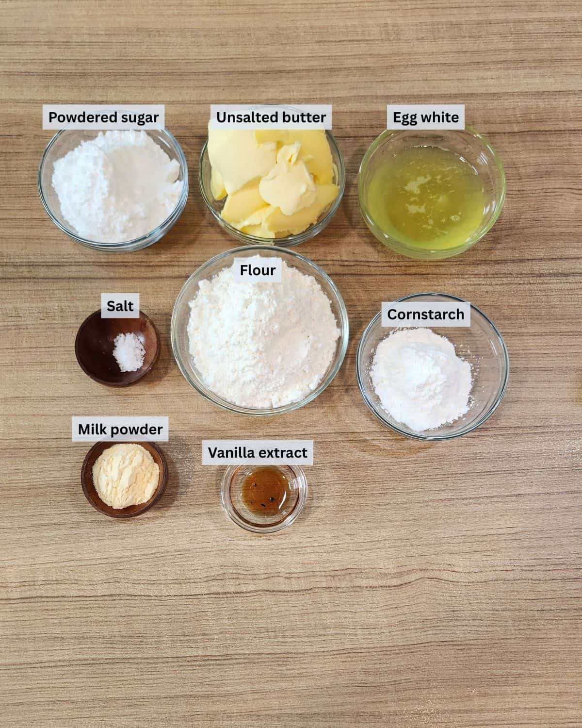 Cat tongue cookies ingredients with labels.