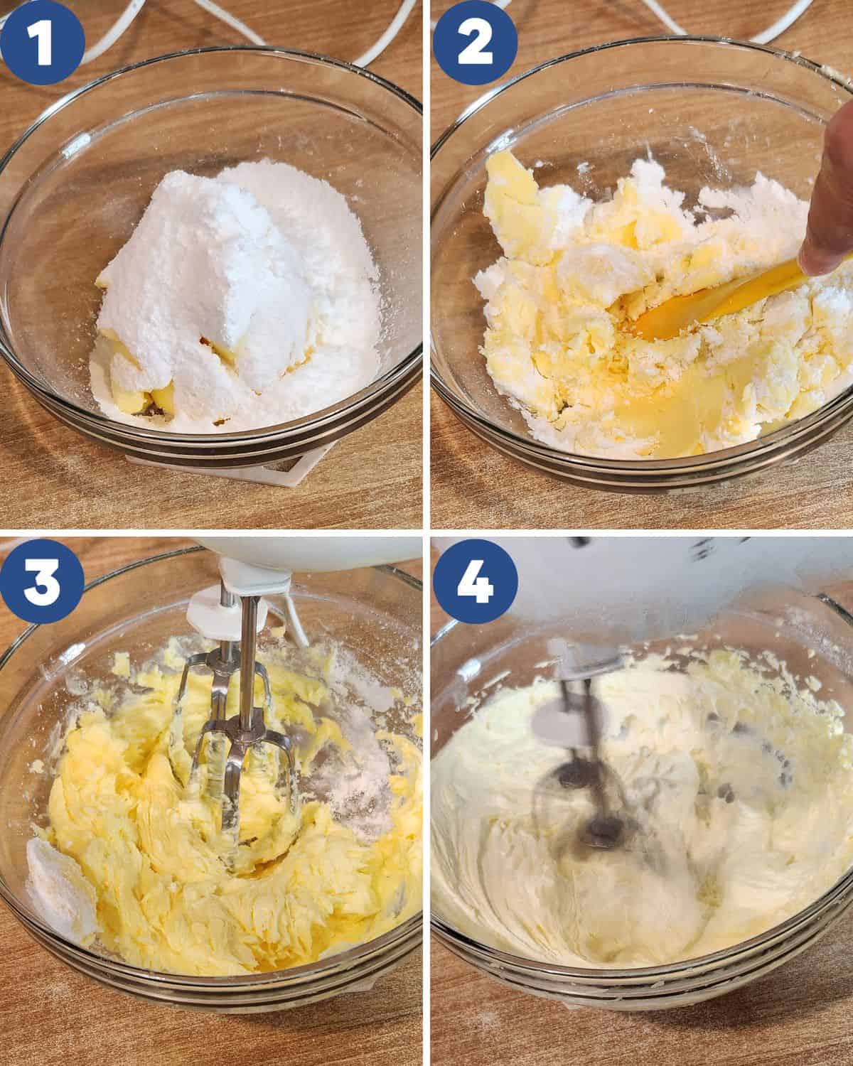 Step by step photos of softening the butter and sugar.