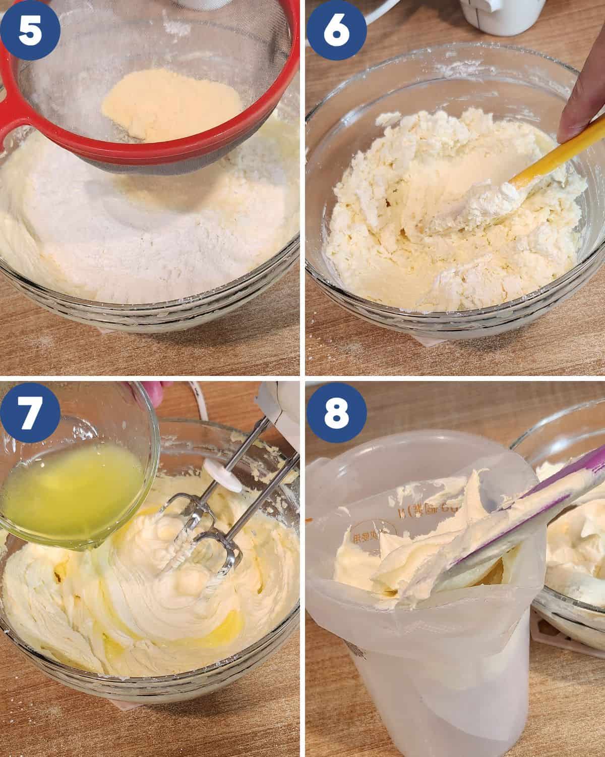 Step by step photos of mixing the flour and egg white into the cat tongue batter.