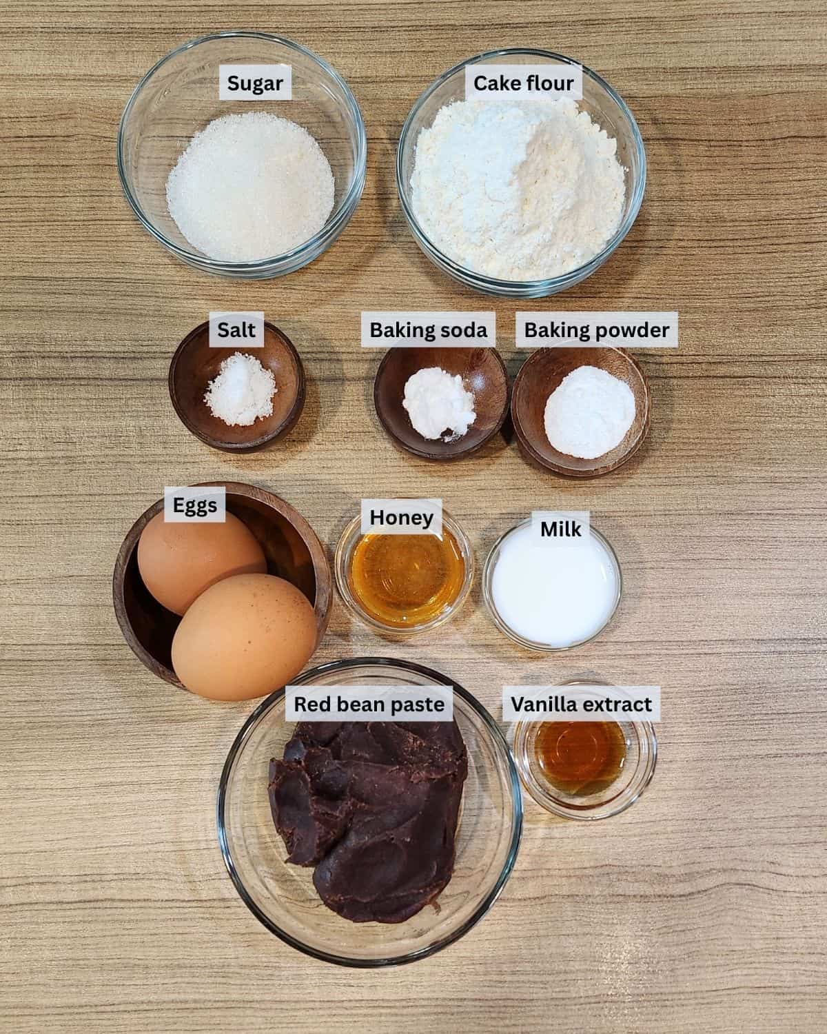 Japanese pancake dorayaki ingredients with labels.