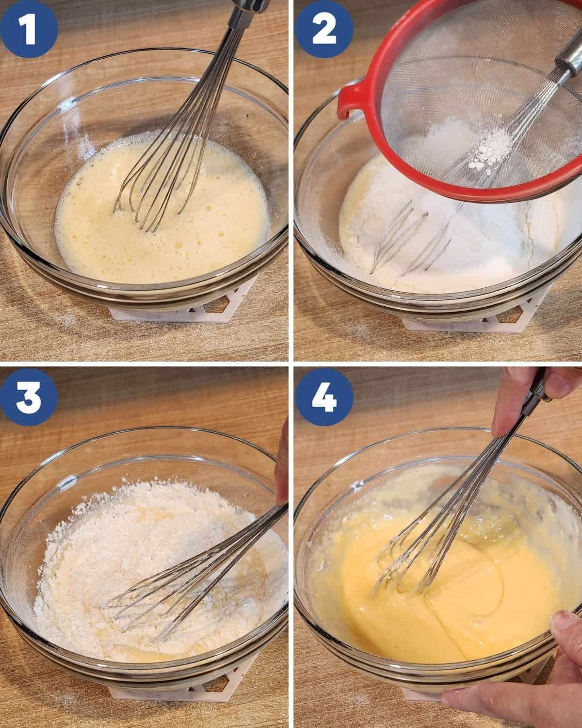 Step by step photos of mixing the batter for dorayaki.