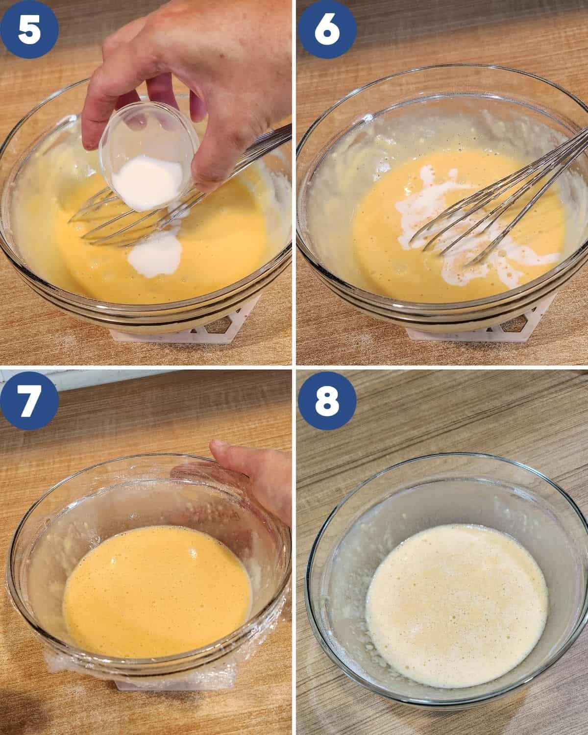 Step by step photos of whisking the batter for dorayaki.