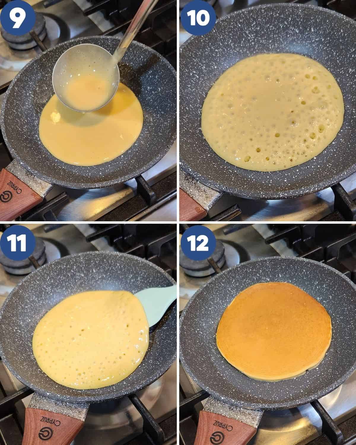 Step by step photos of making the pancake on a non-stick pan.