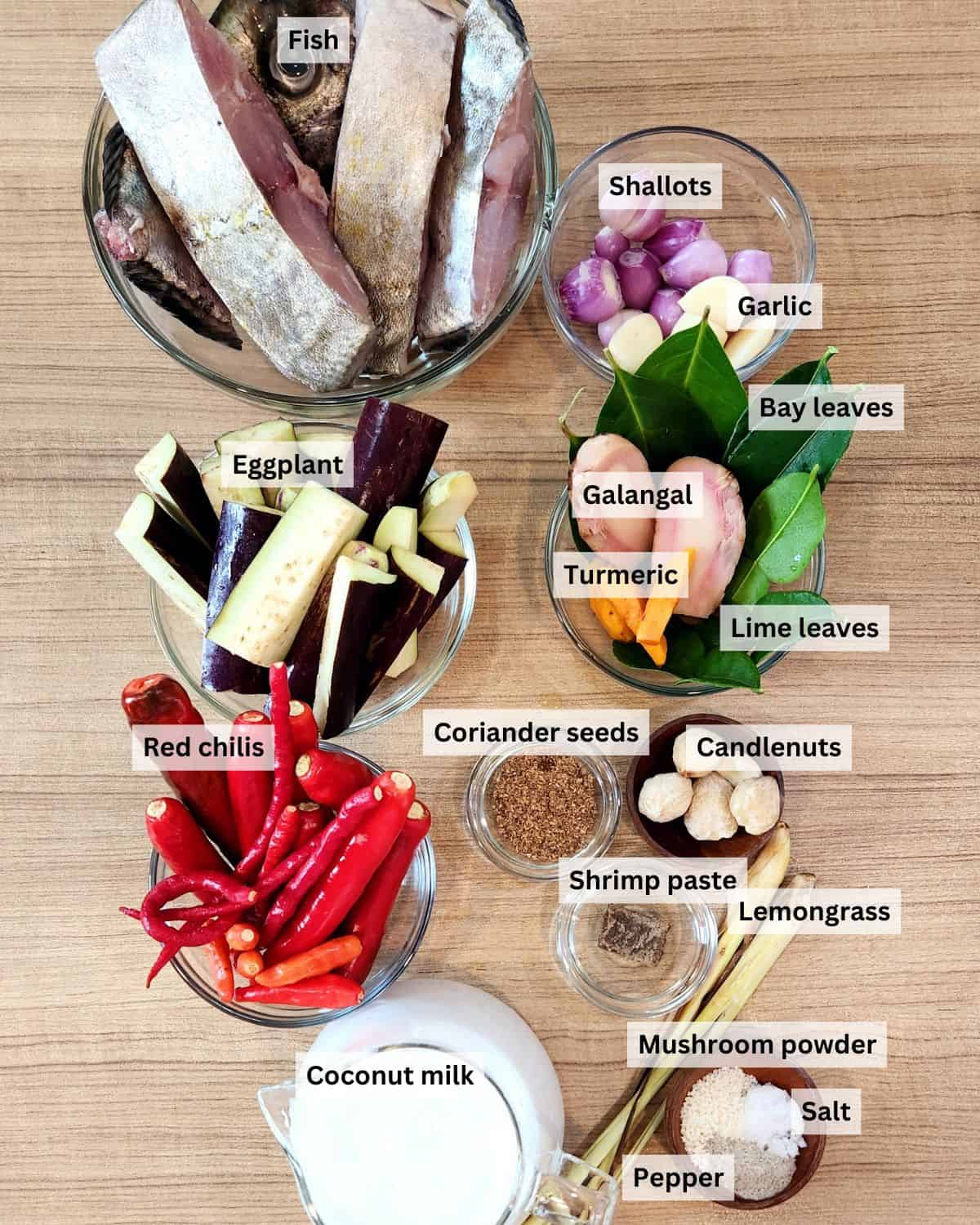Fish curry ingredients with labels.