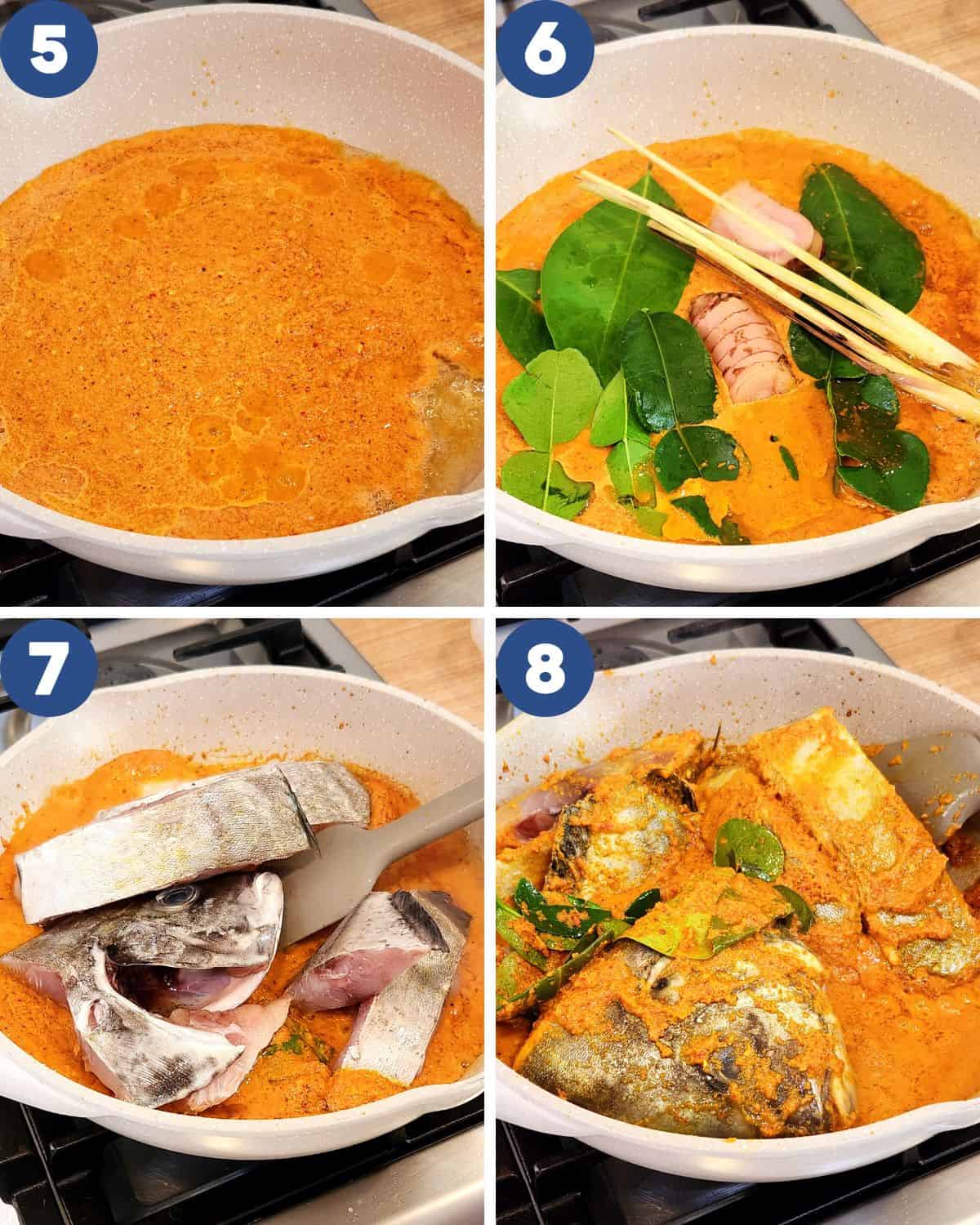 Step by step process photos of cooking the spices and the fish together.