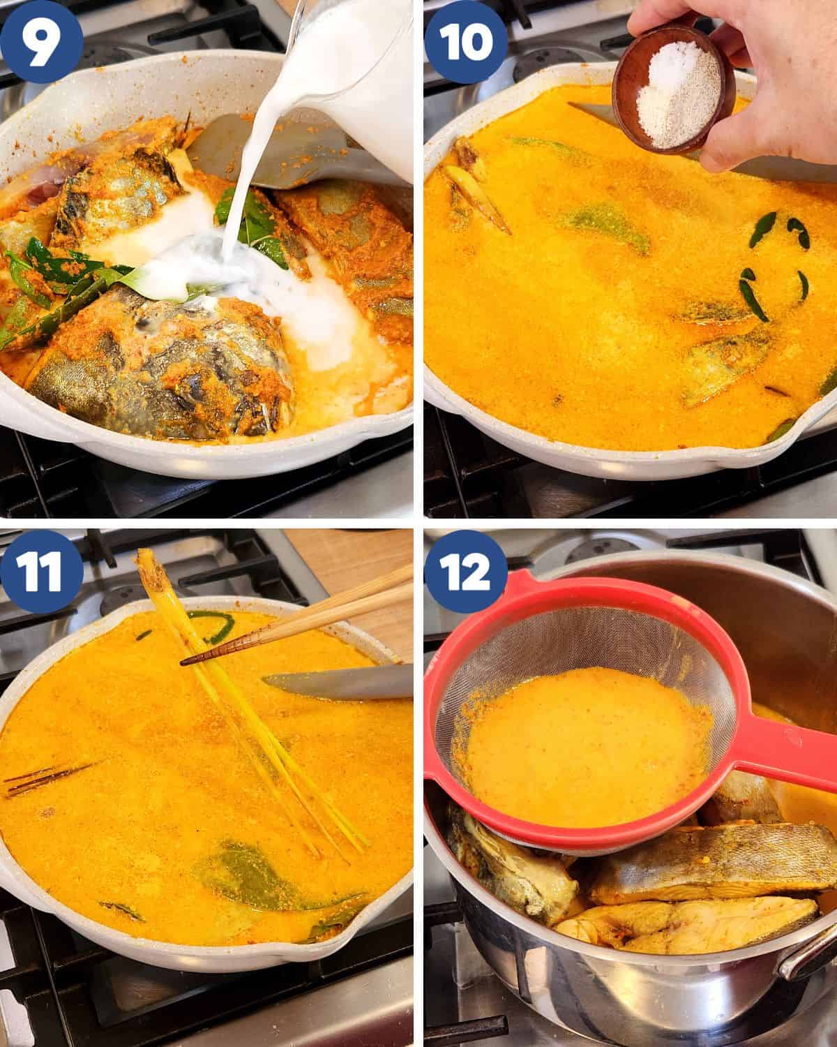 Step by step photos of adding coconut milk into the fish curry.