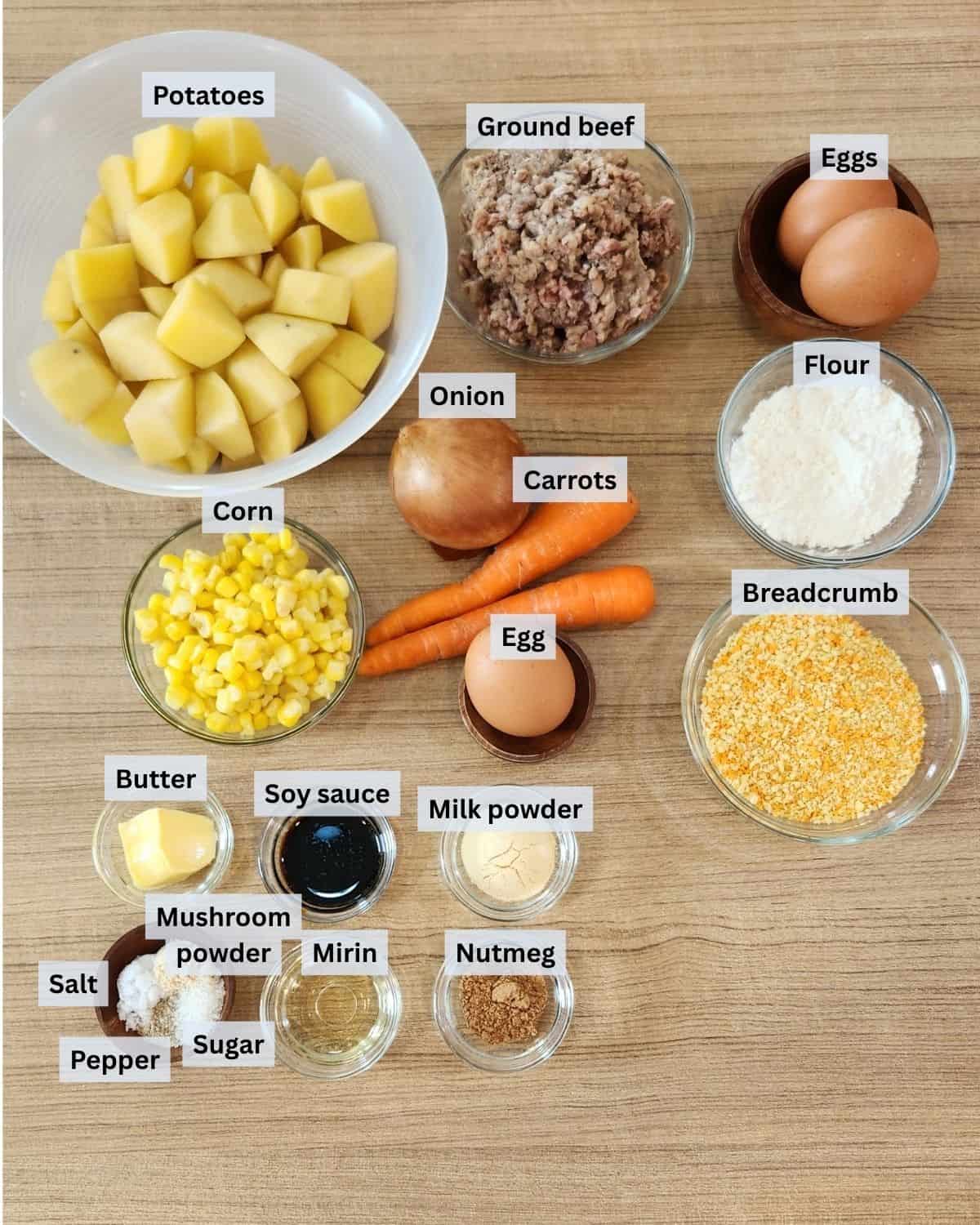 Japanese croquettes or korokke ingredients with labels.
