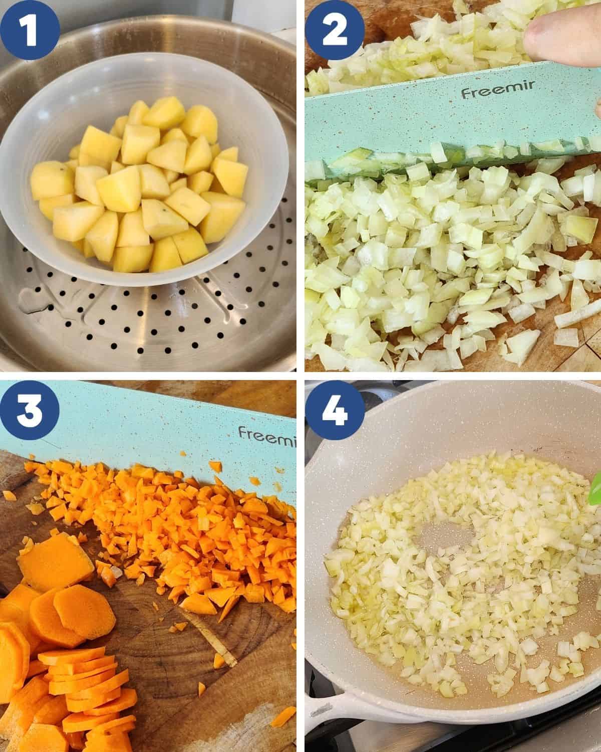 Step by step photos of preparing the potatoes and other ingredients.