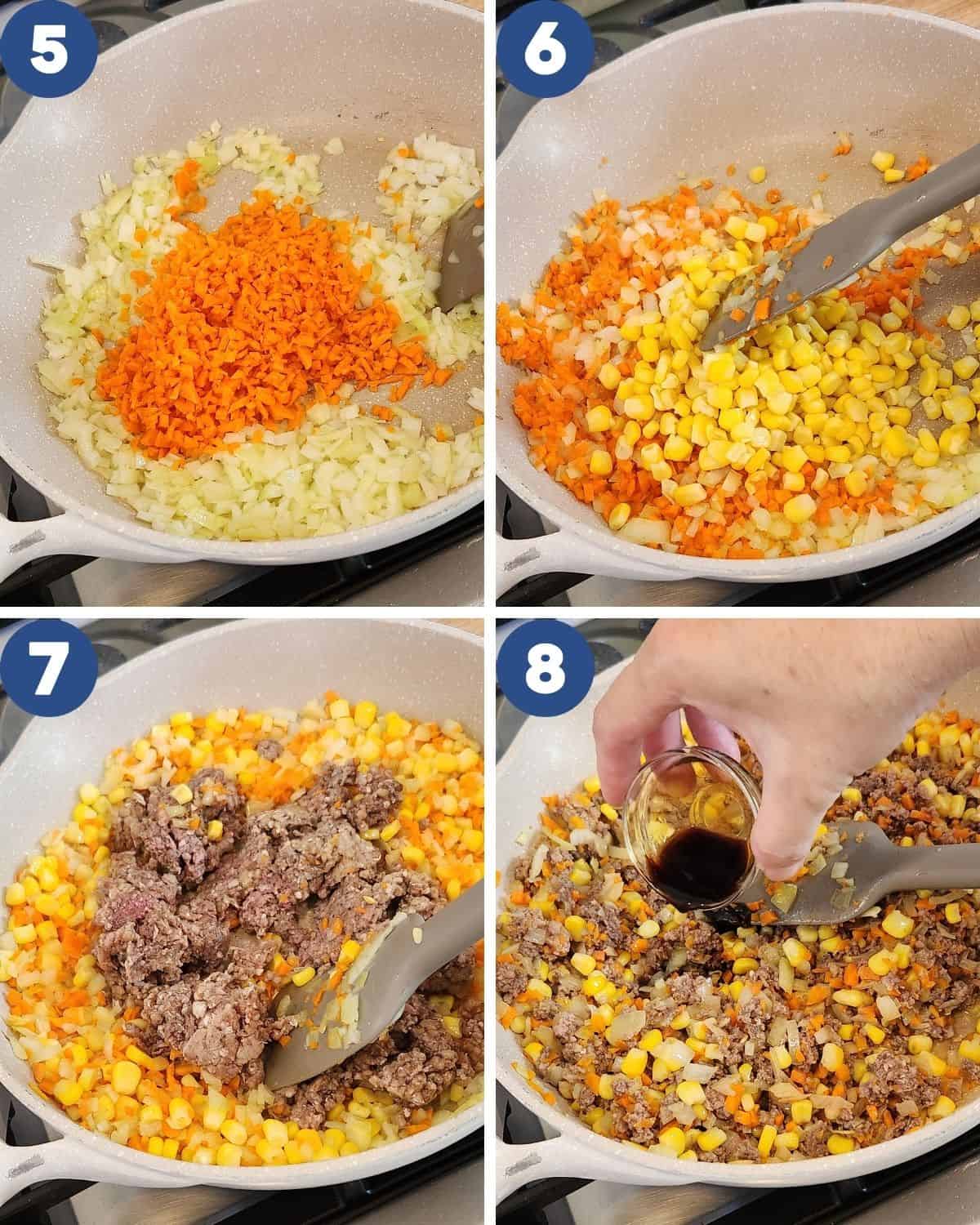 Step by step photos of sauteeing the filling for Japanese croquettes.