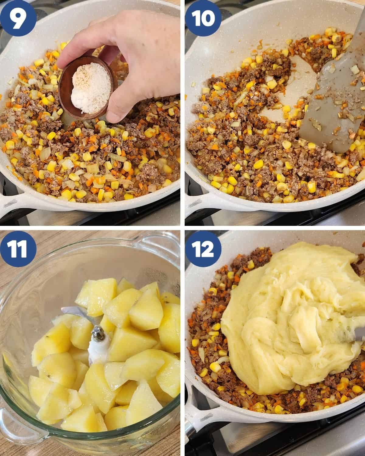 Step by step photos of seasoning and mixing the potatoes. 