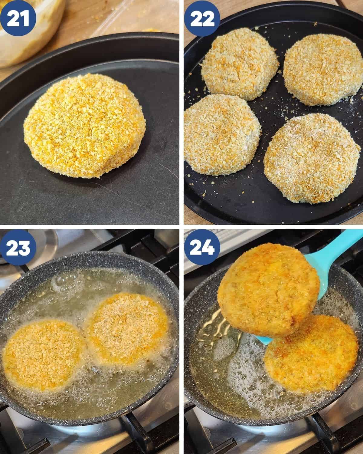 Step by step photos of deep-frying the croquettes.