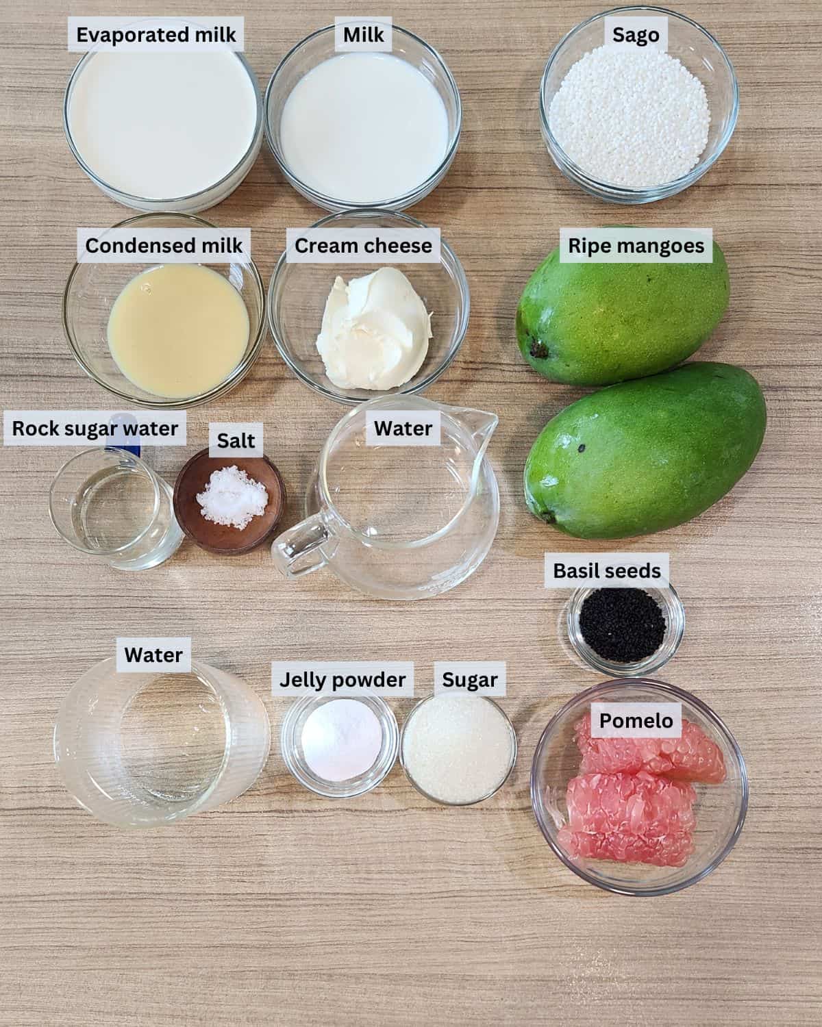 Mango sago dessert ingredients with labels.
