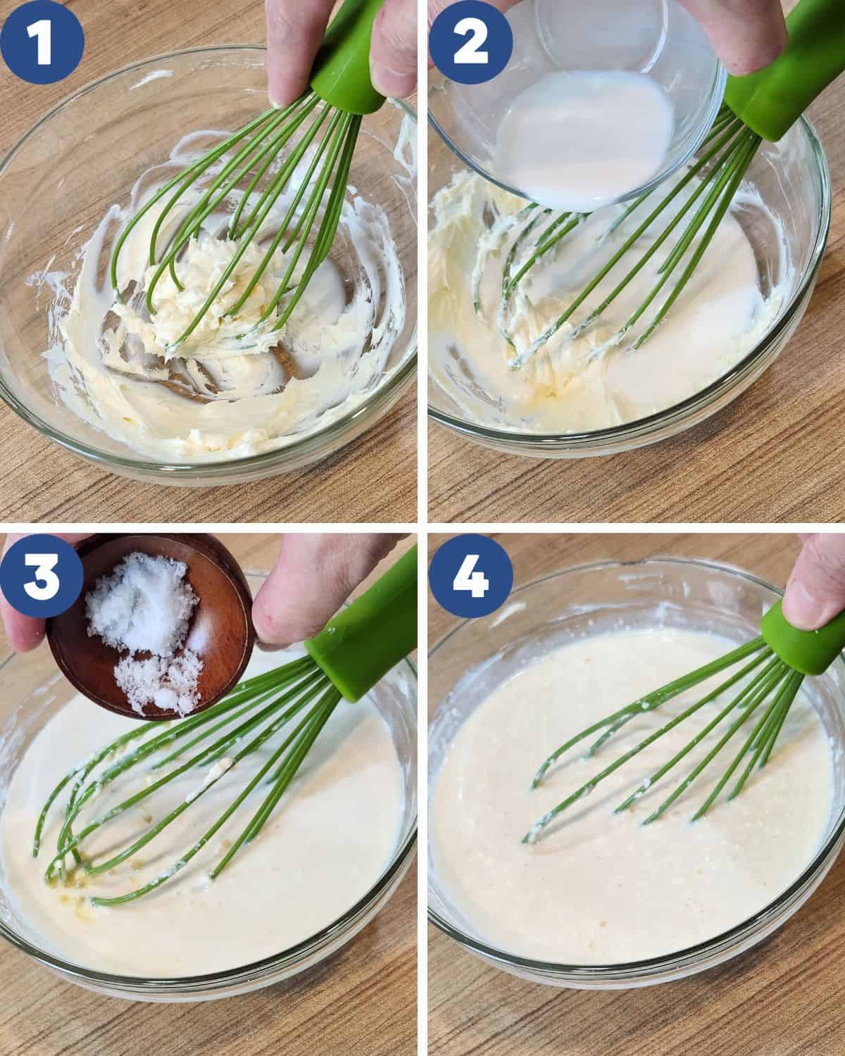 Step by step photo of making the cream cheese sauce for mango sago.