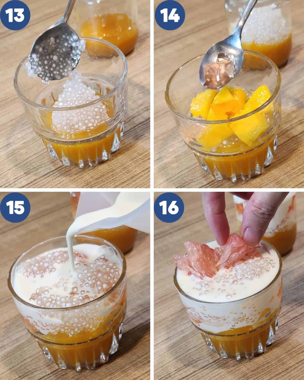 Step by step photos of assembling the mango sago in a serving glass.